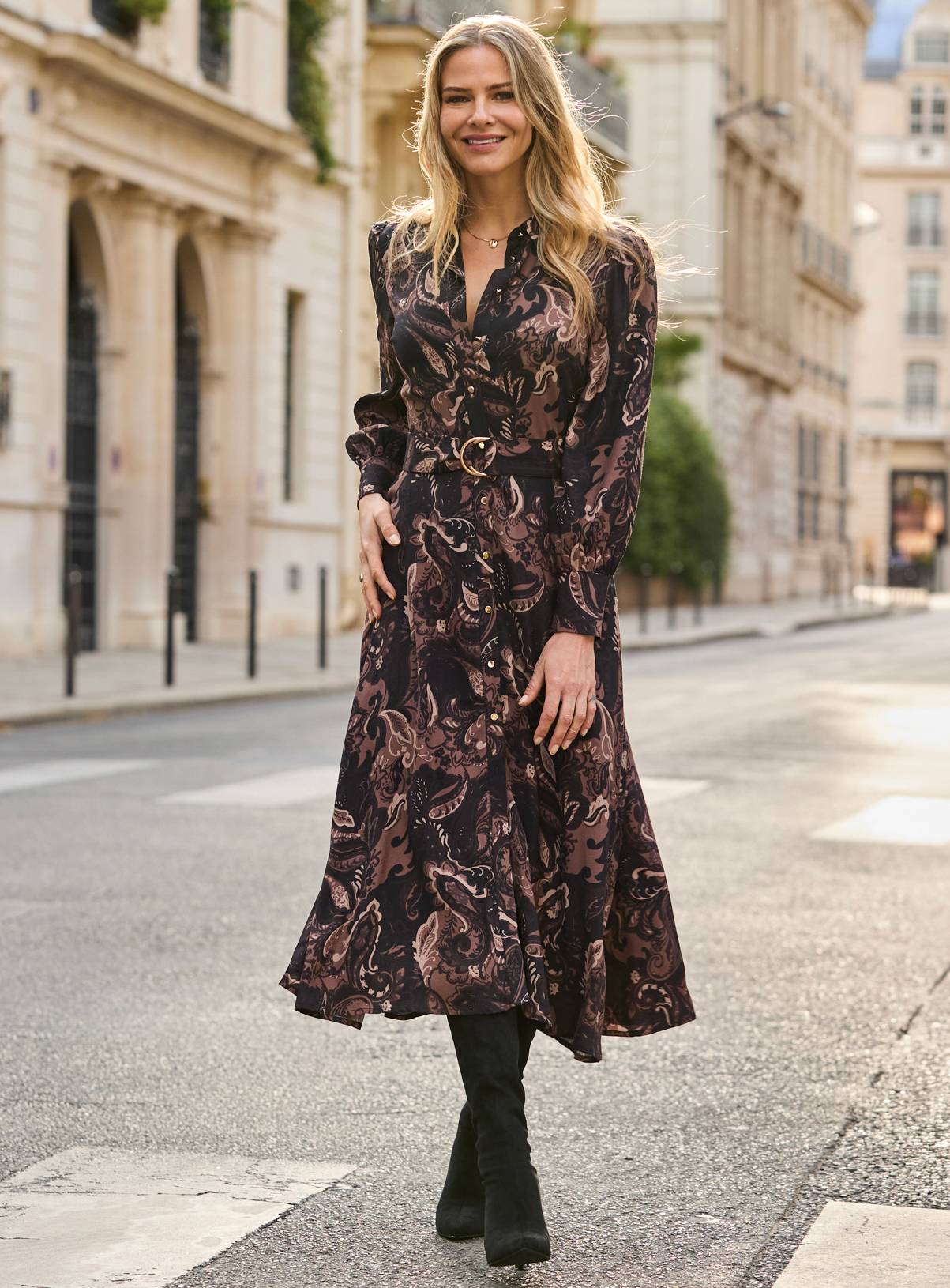 SOSANDAR Black and Brown Paisley Print Belted Shirt Dress 20 - Image 7