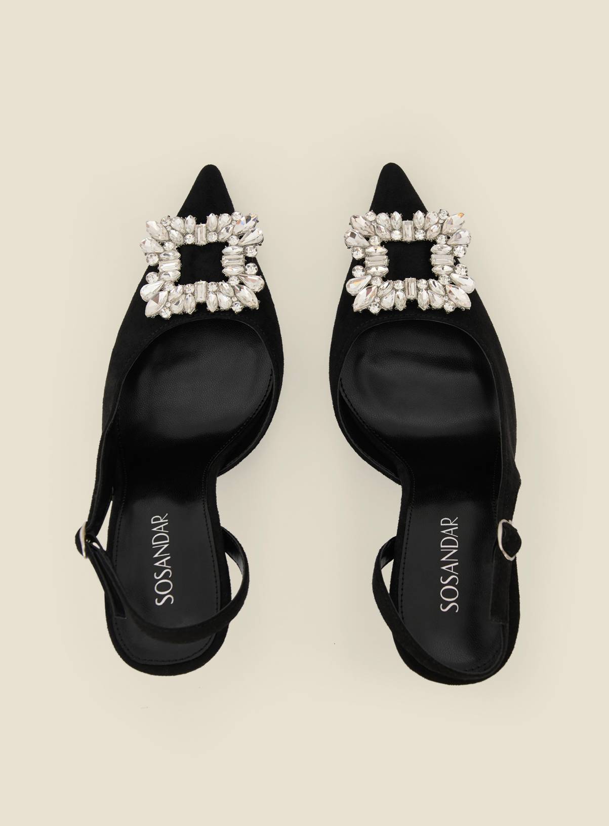 SOSANDAR Black Slingback Heels With Rhinestone Detail 7 - Image 7