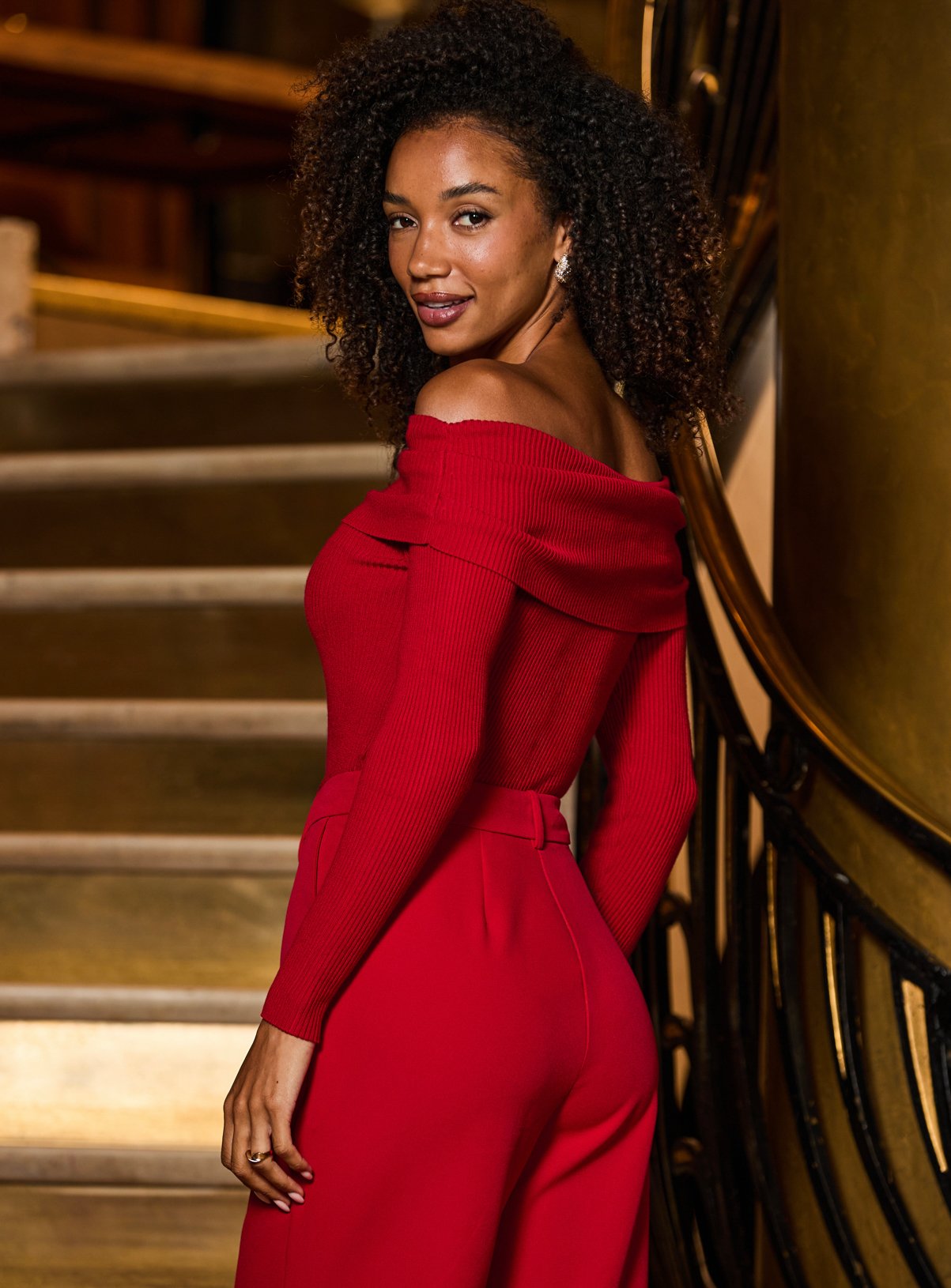 SOSANDAR Red Soft Rib Bardot Jumper XL - Image 3 thumbnail