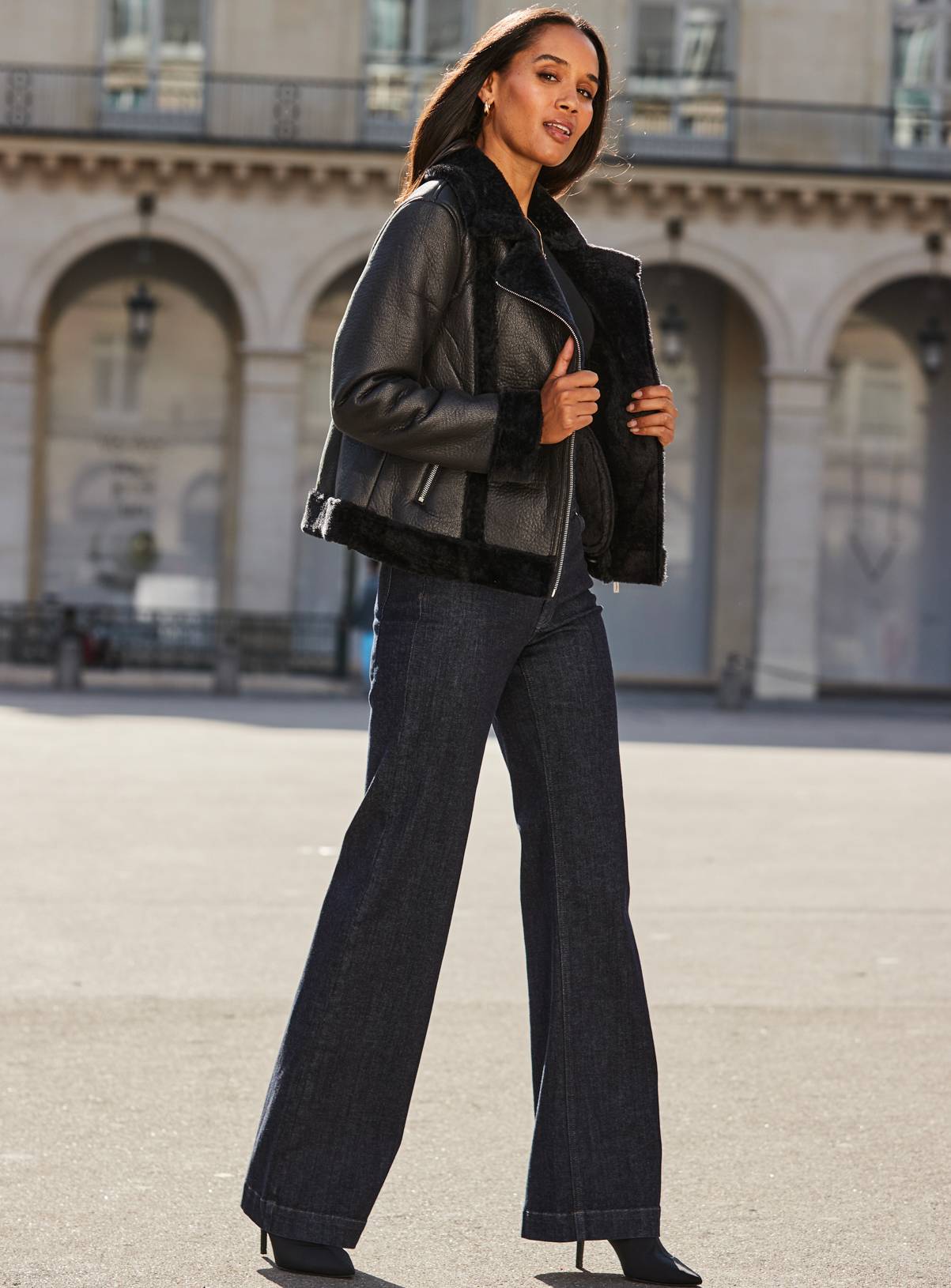 SOSANDAR Black Faux Shearling Aviator Jacket 18 - Image 2