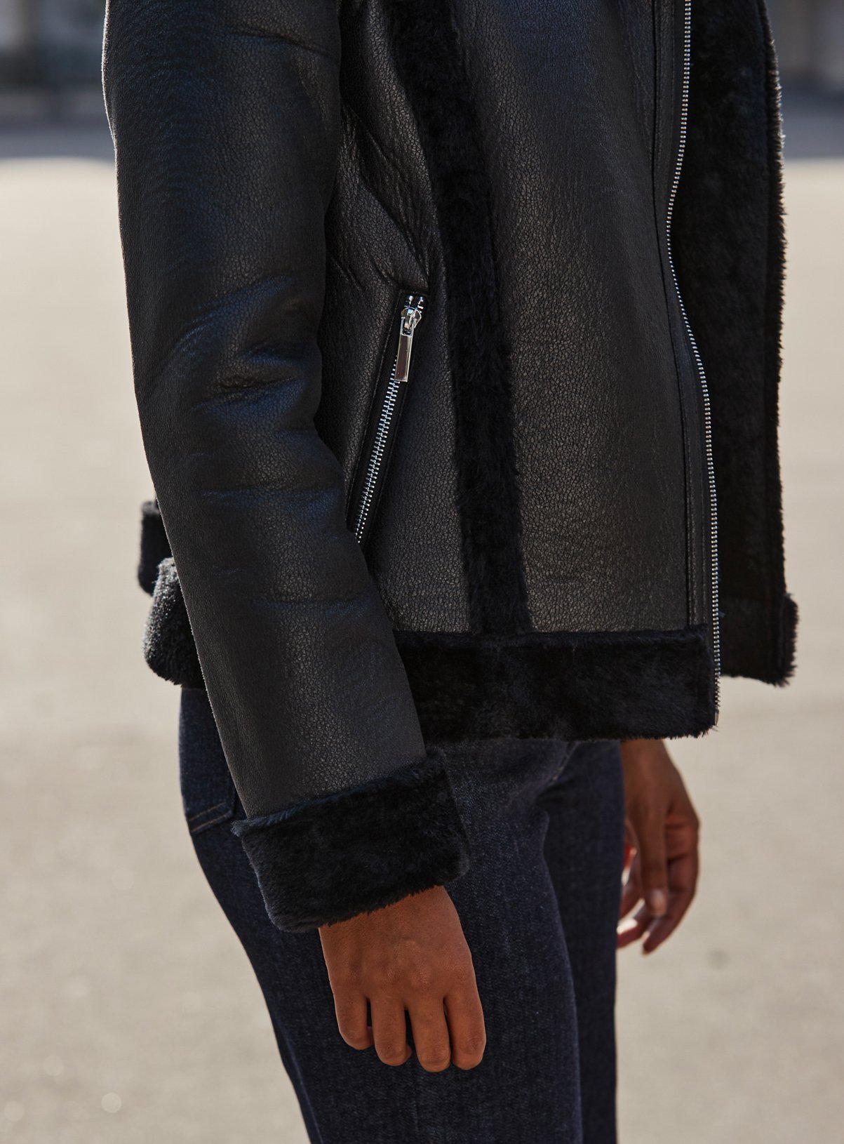 SOSANDAR Black Faux Shearling Aviator Jacket 18 - Image 4 thumbnail