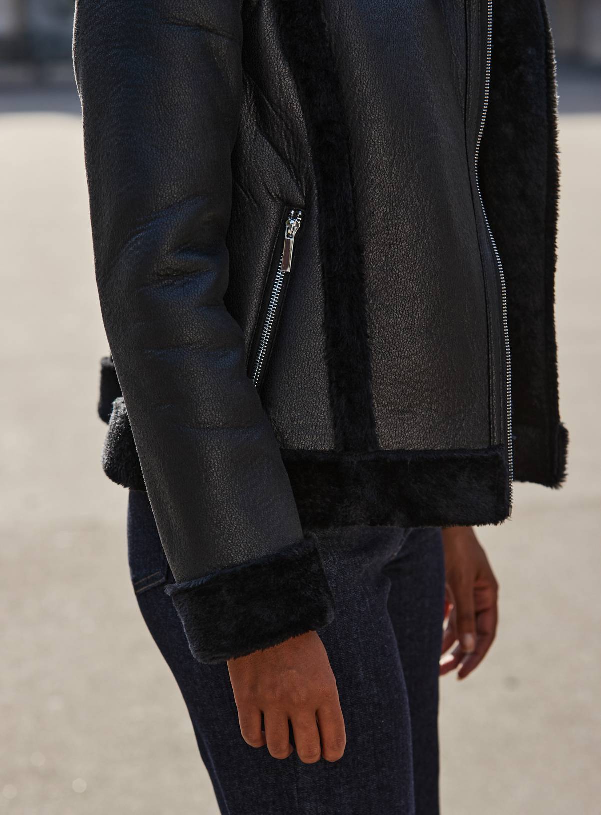 SOSANDAR Black Faux Shearling Aviator Jacket 18 - Image 4