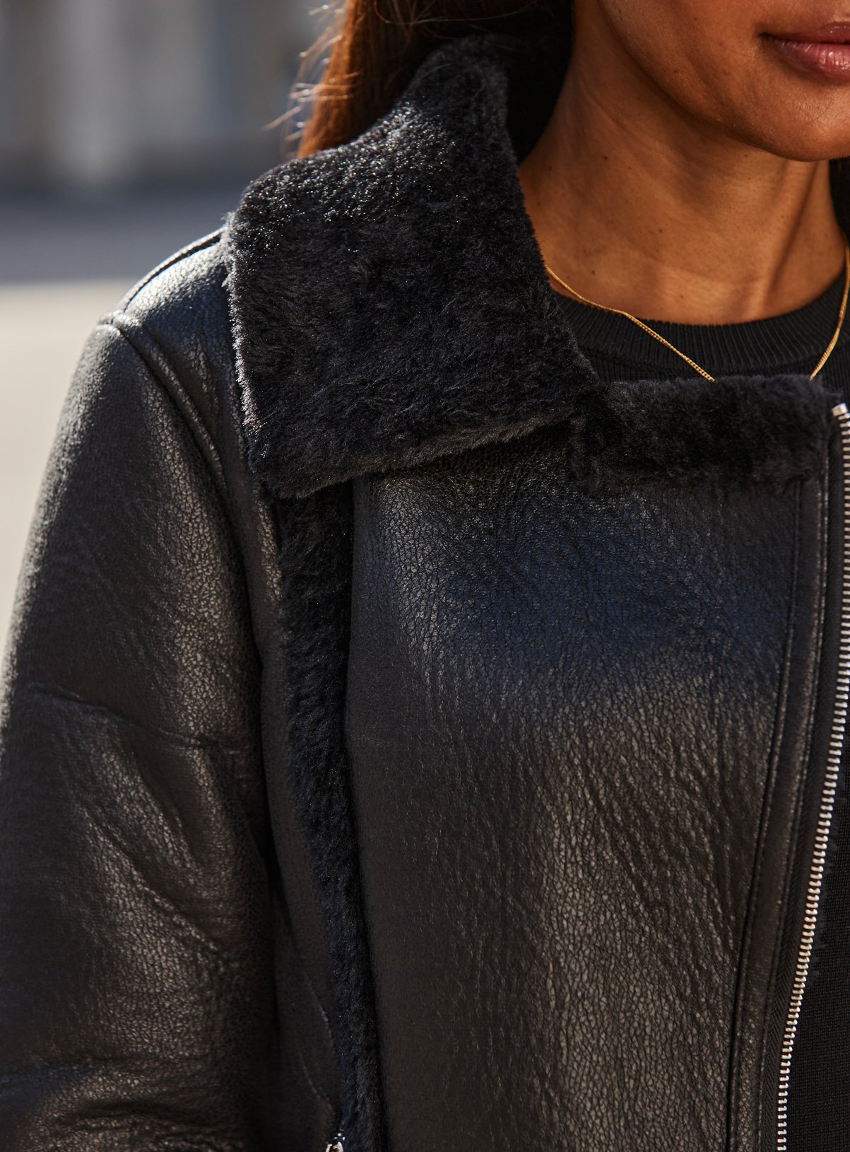 SOSANDAR Black Faux Shearling Aviator Jacket 18 - Image 5 thumbnail