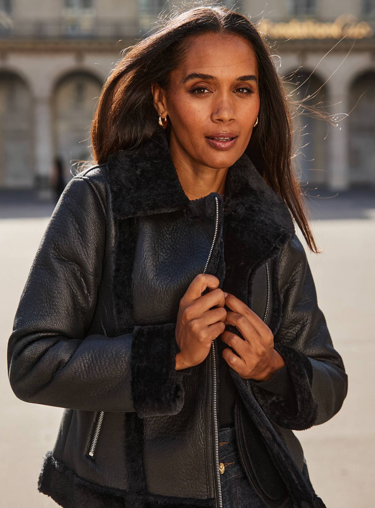 SOSANDAR Black Faux Shearling Aviator Jacket 18 - Image 6