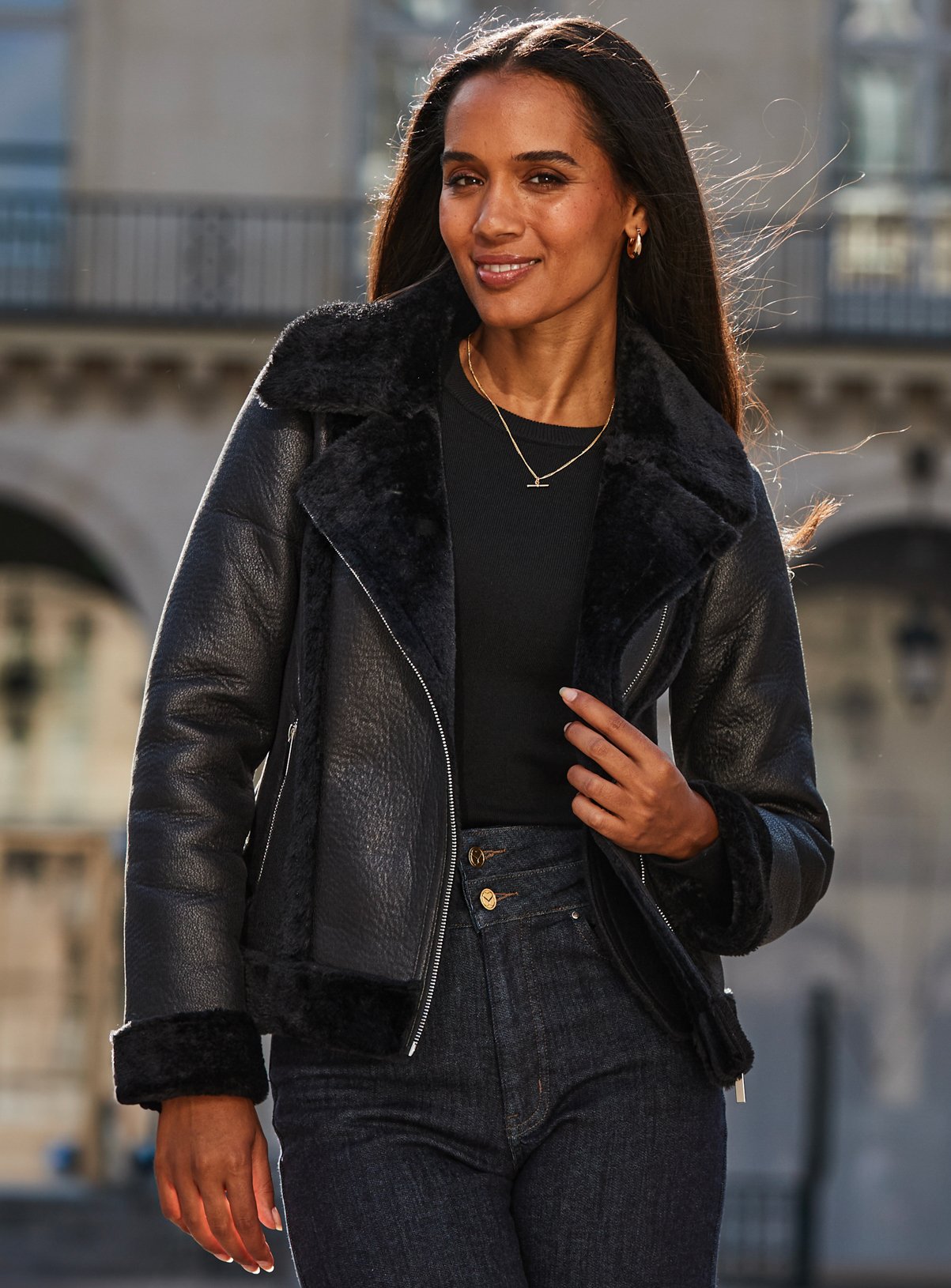 SOSANDAR Black Faux Shearling Aviator Jacket 18 - Image 7 thumbnail