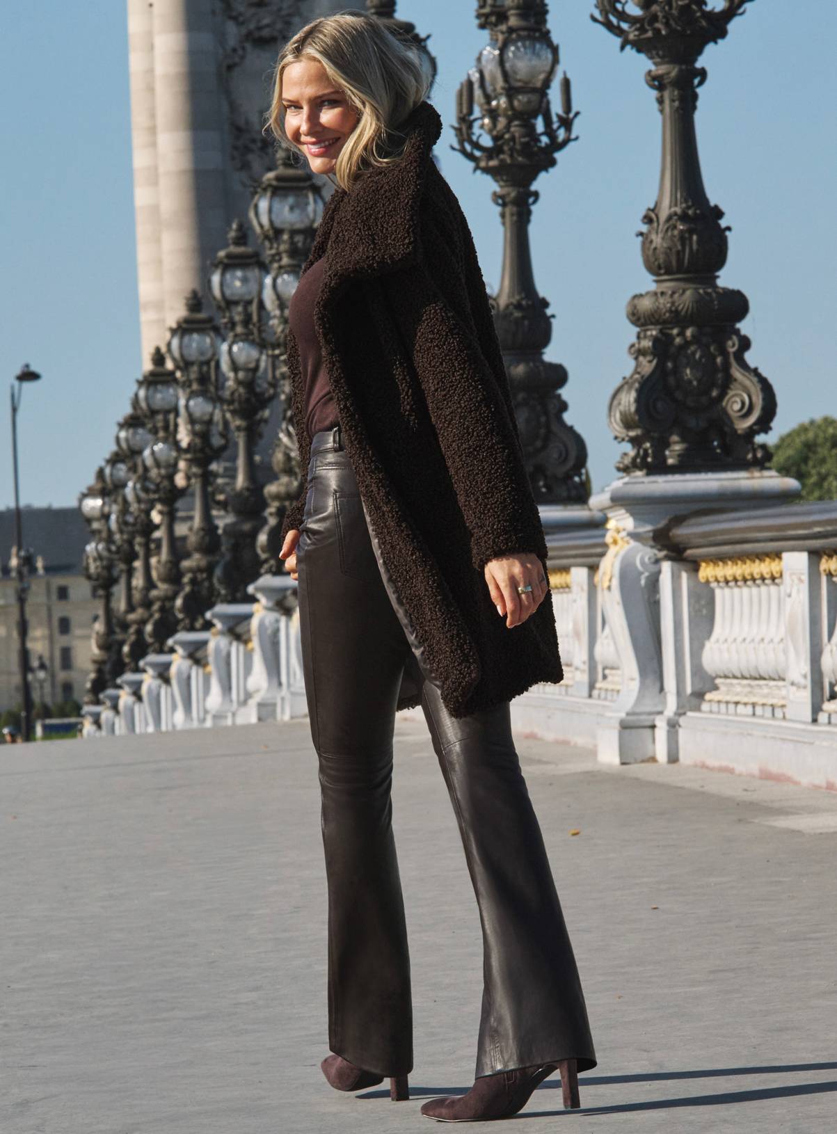 SOSANDAR Chocolate Brown Super Cosy Borg Funnel Collar Coat 20 - Image 2