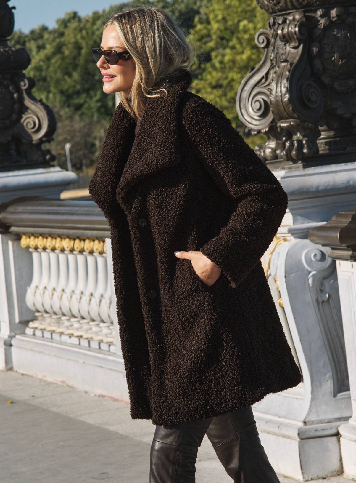 SOSANDAR Chocolate Brown Super Cosy Borg Funnel Collar Coat 20 - Image 3