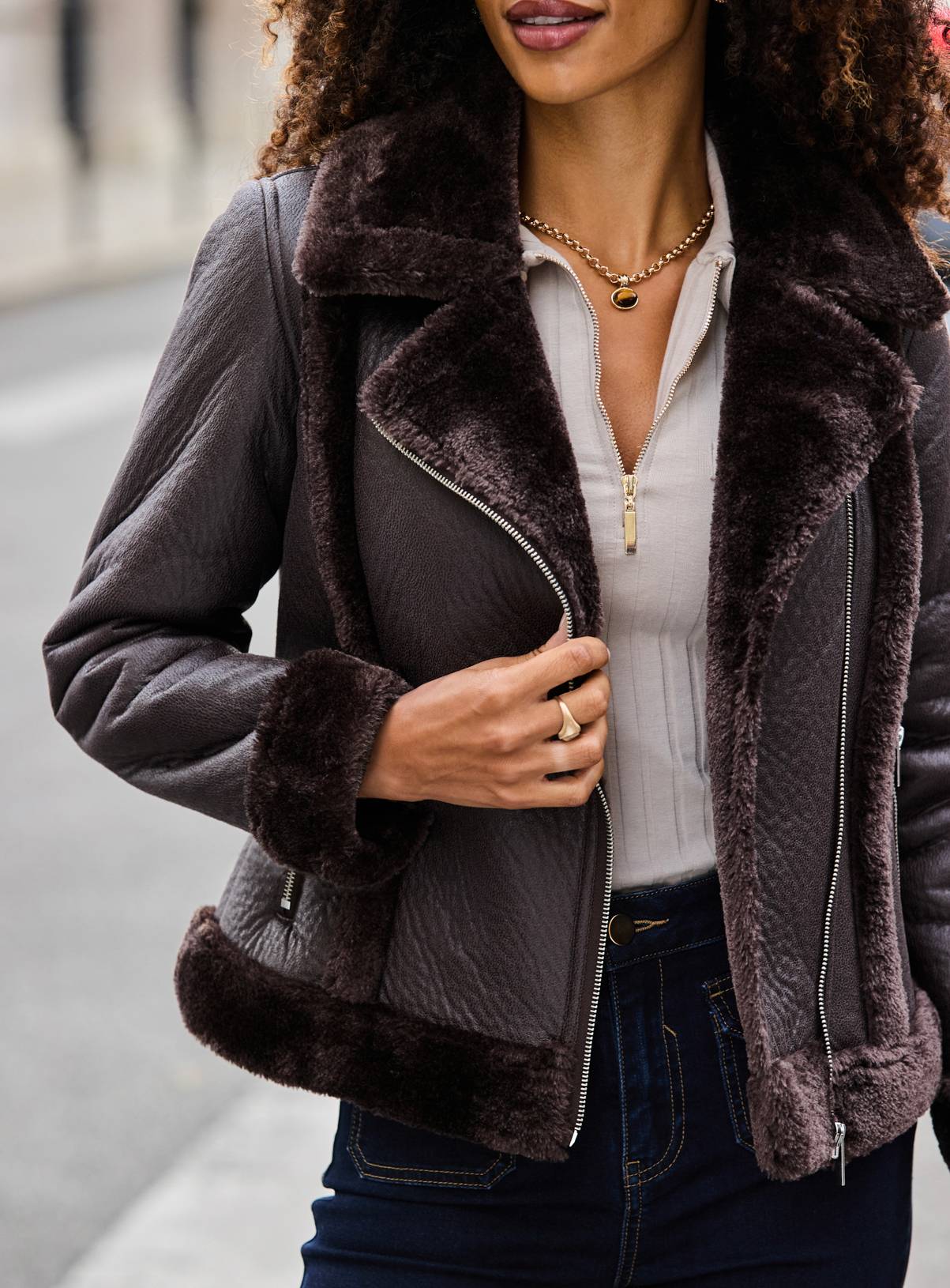 SOSANDAR Chocolate Brown Faux Shearling Aviator Jacket 20 - Image 5