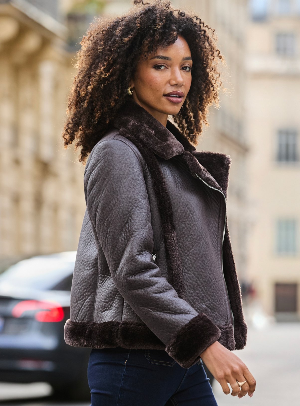 SOSANDAR Chocolate Brown Faux Shearling Aviator Jacket 14 - Image 3 thumbnail