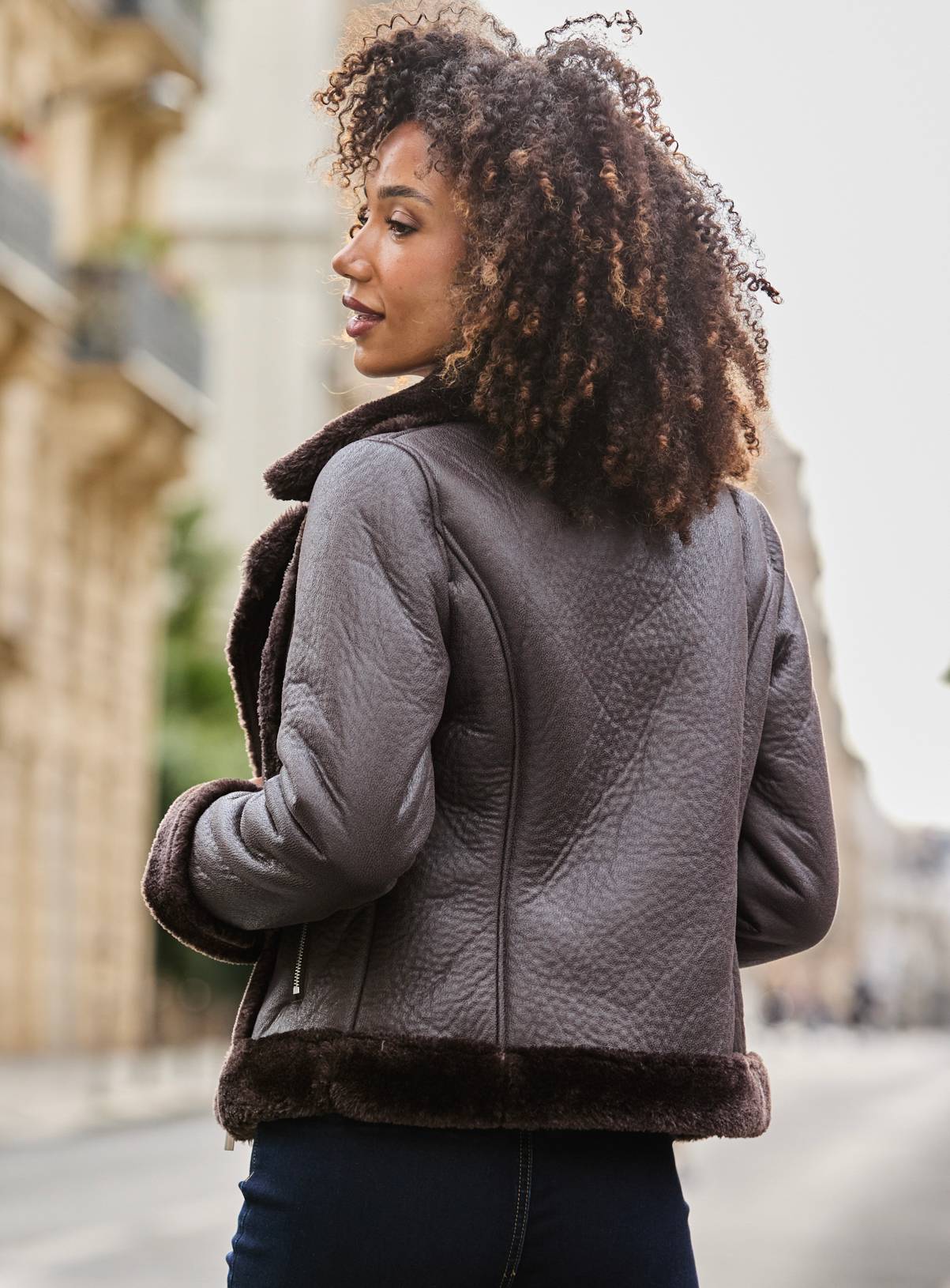 SOSANDAR Chocolate Brown Faux Shearling Aviator Jacket 14 - Image 4