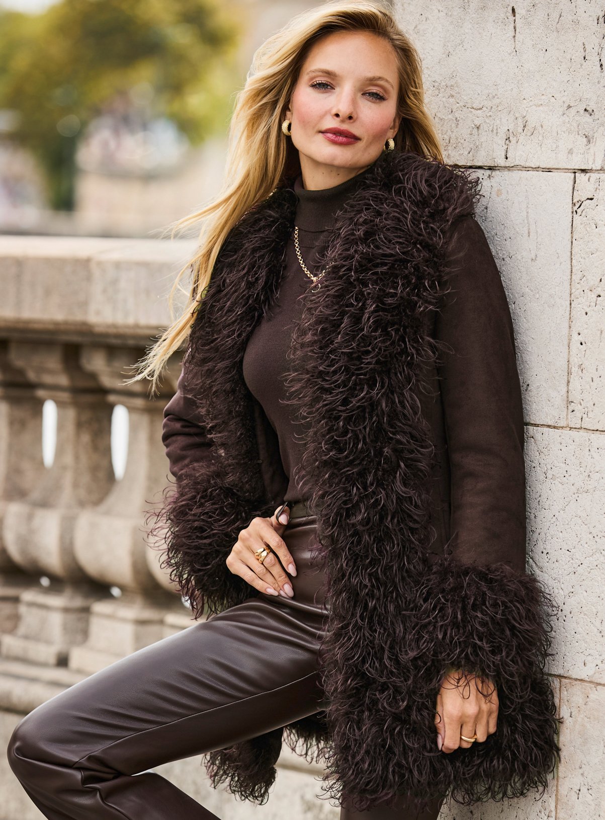 SOSANDAR Chocolate Brown Faux Suede and Fur Afghan Coat 8 - Image 1 thumbnail