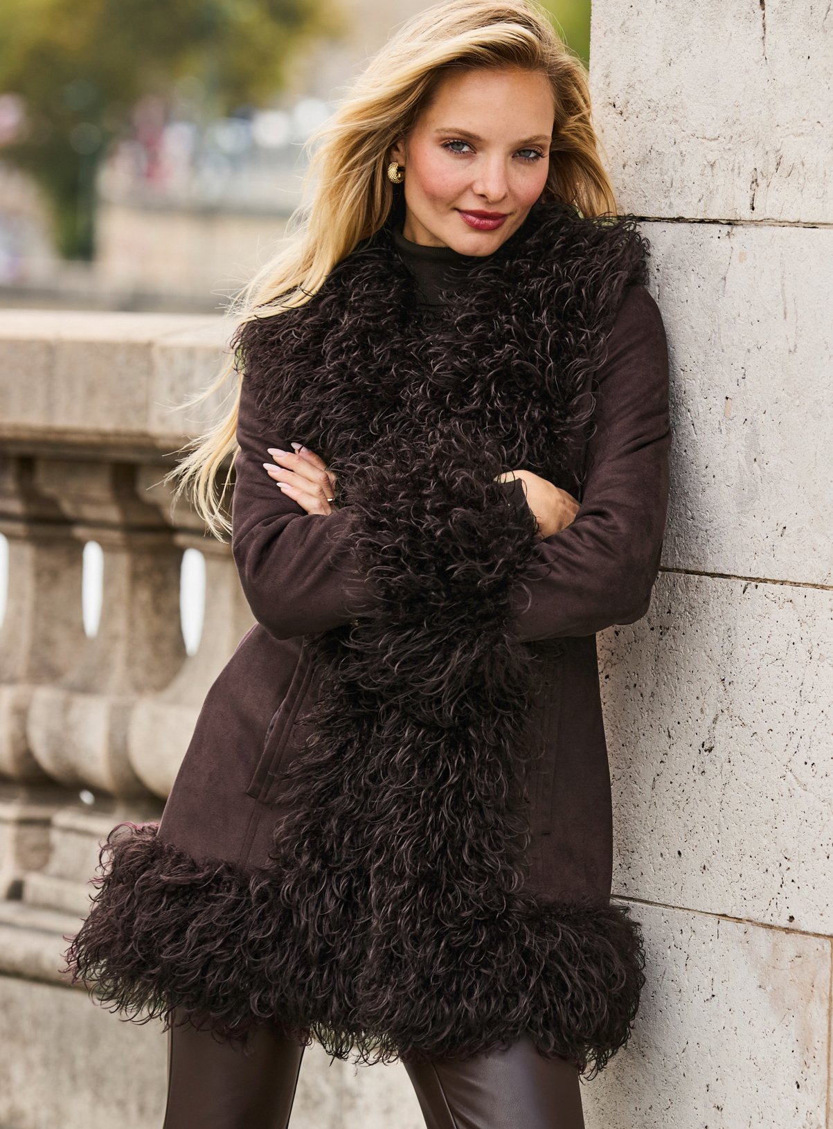 SOSANDAR Chocolate Brown Faux Suede and Fur Afghan Coat 8 - Image 2 thumbnail