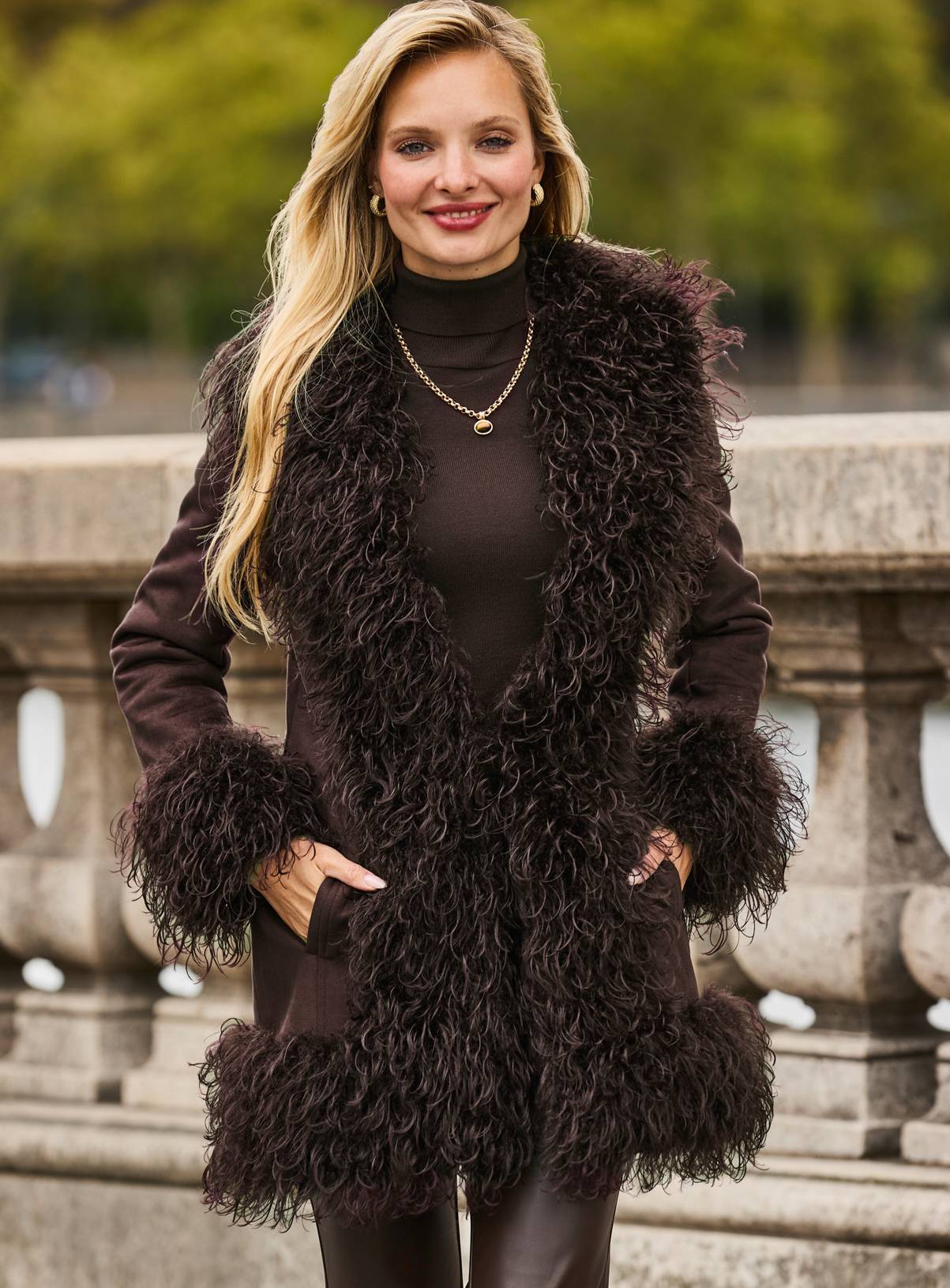 SOSANDAR Chocolate Brown Faux Suede and Fur Afghan Coat 8 - Image 6