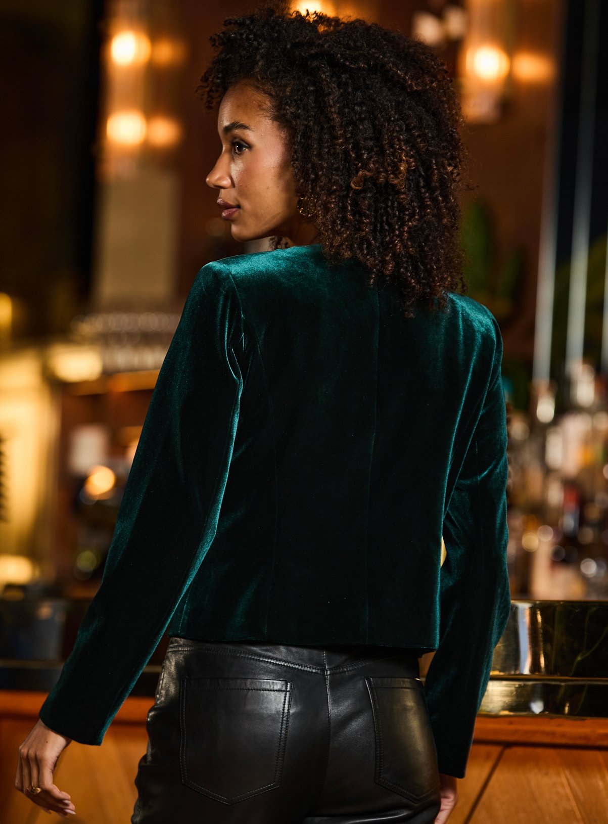 SOSANDAR Emerald Green Velvet Collarless Jacket 18 - Image 4 thumbnail
