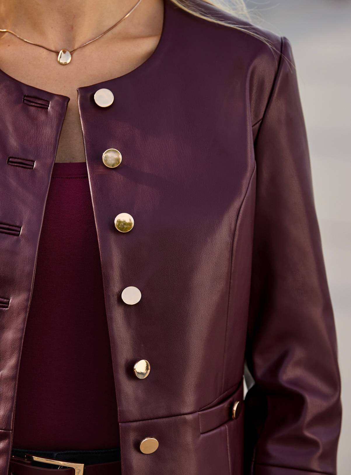 SOSANDAR Burgundy Collarless Faux Leather Jacket with Gold Buttons 8 - Image 4