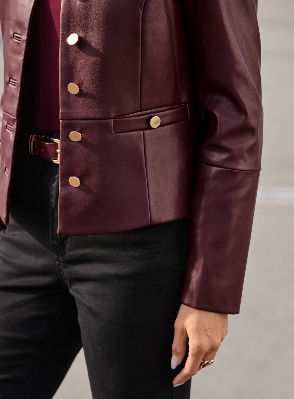 SOSANDAR Burgundy Collarless Faux Leather Jacket with Gold Buttons 8 - Image 5 thumbnail