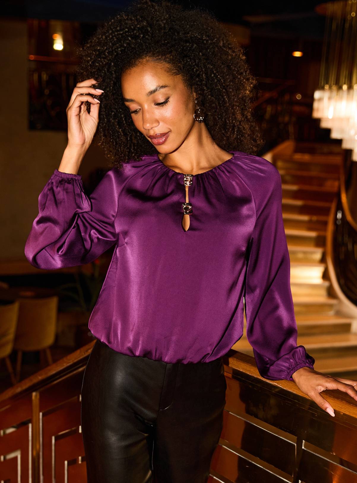 SOSANDAR Magenta Satin Keyhole Detail Top 10 - Image 3