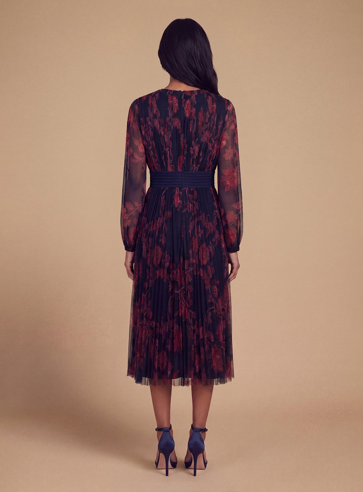 OASIS Petite V Neck Button Detail Printed Mesh Midi Dress 8 - Image 3 thumbnail