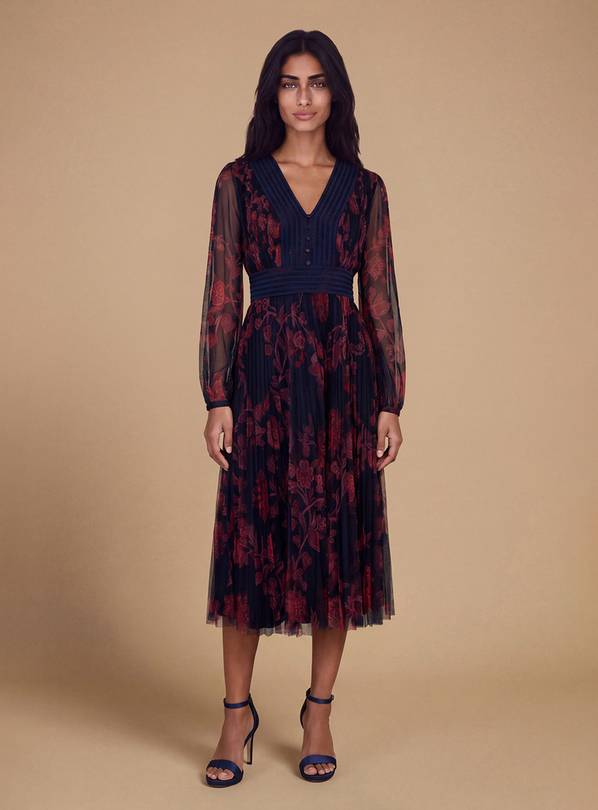 OASIS Petite V Neck Button Detail Printed Mesh Midi Dress 18