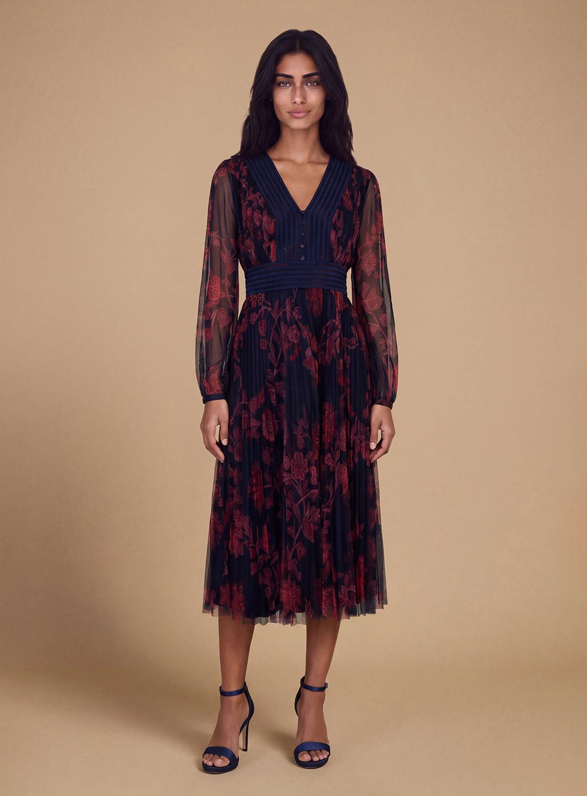 OASIS Petite V Neck Button Detail Printed Mesh Midi Dress 14 - Image 1