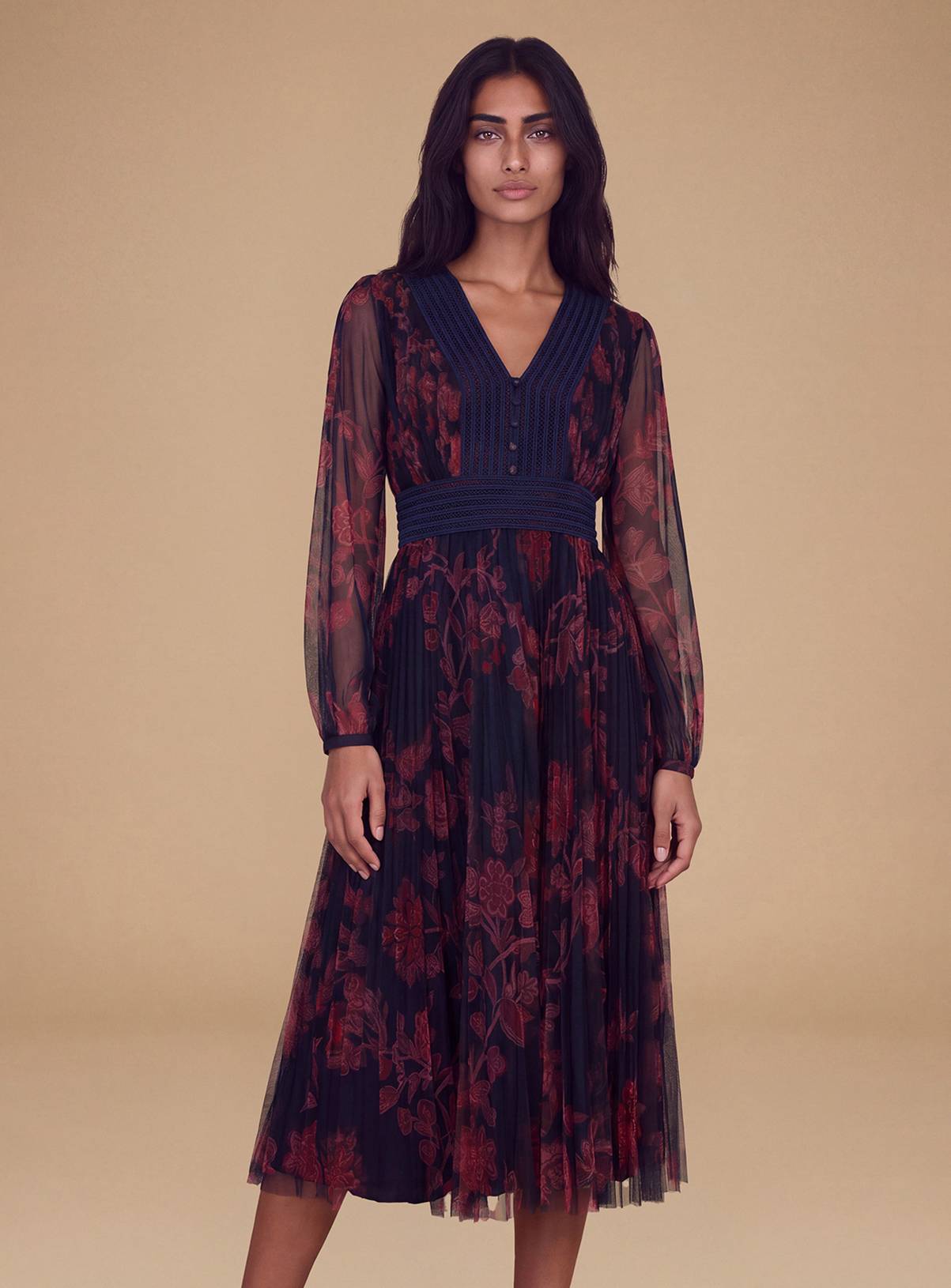 OASIS Petite V Neck Button Detail Printed Mesh Midi Dress 14 - Image 2