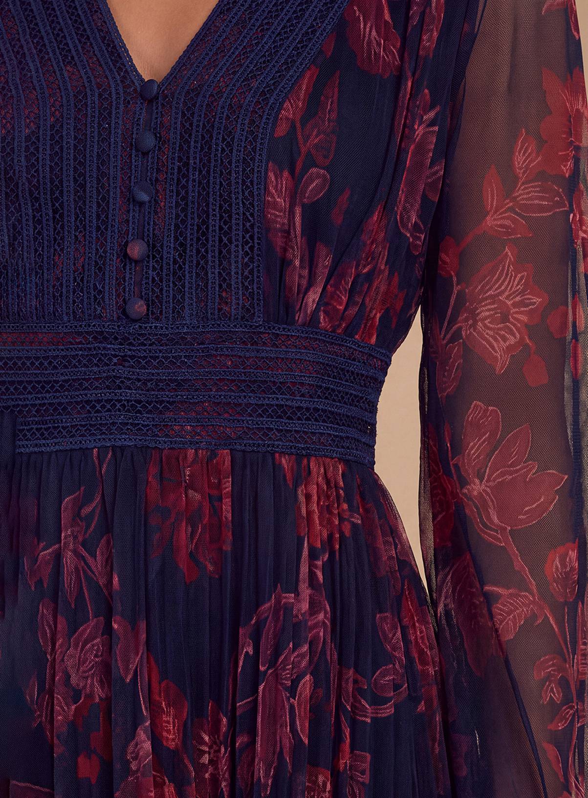 OASIS Petite V Neck Button Detail Printed Mesh Midi Dress 14 - Image 4