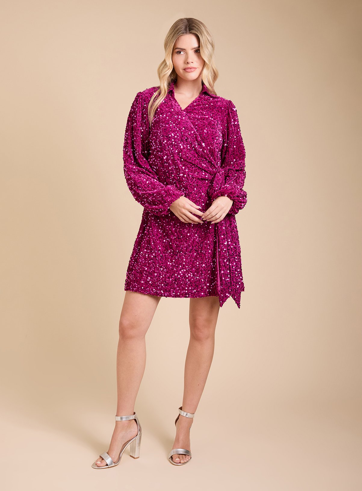 DOROTHY PERKINS Velvet Sequin Collar Wrap Detail Mini Dress 10 - Image 3 thumbnail