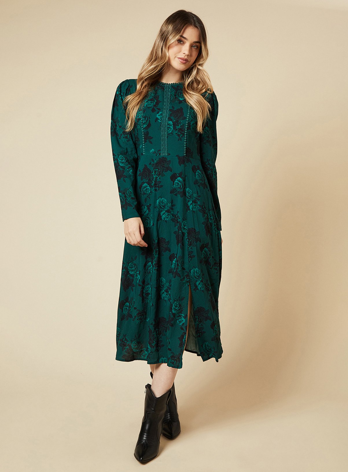 DOROTHY PERKINS Green Floral Lace Trim Body Long Sleeve Midi Dress 14 - Image 1 thumbnail