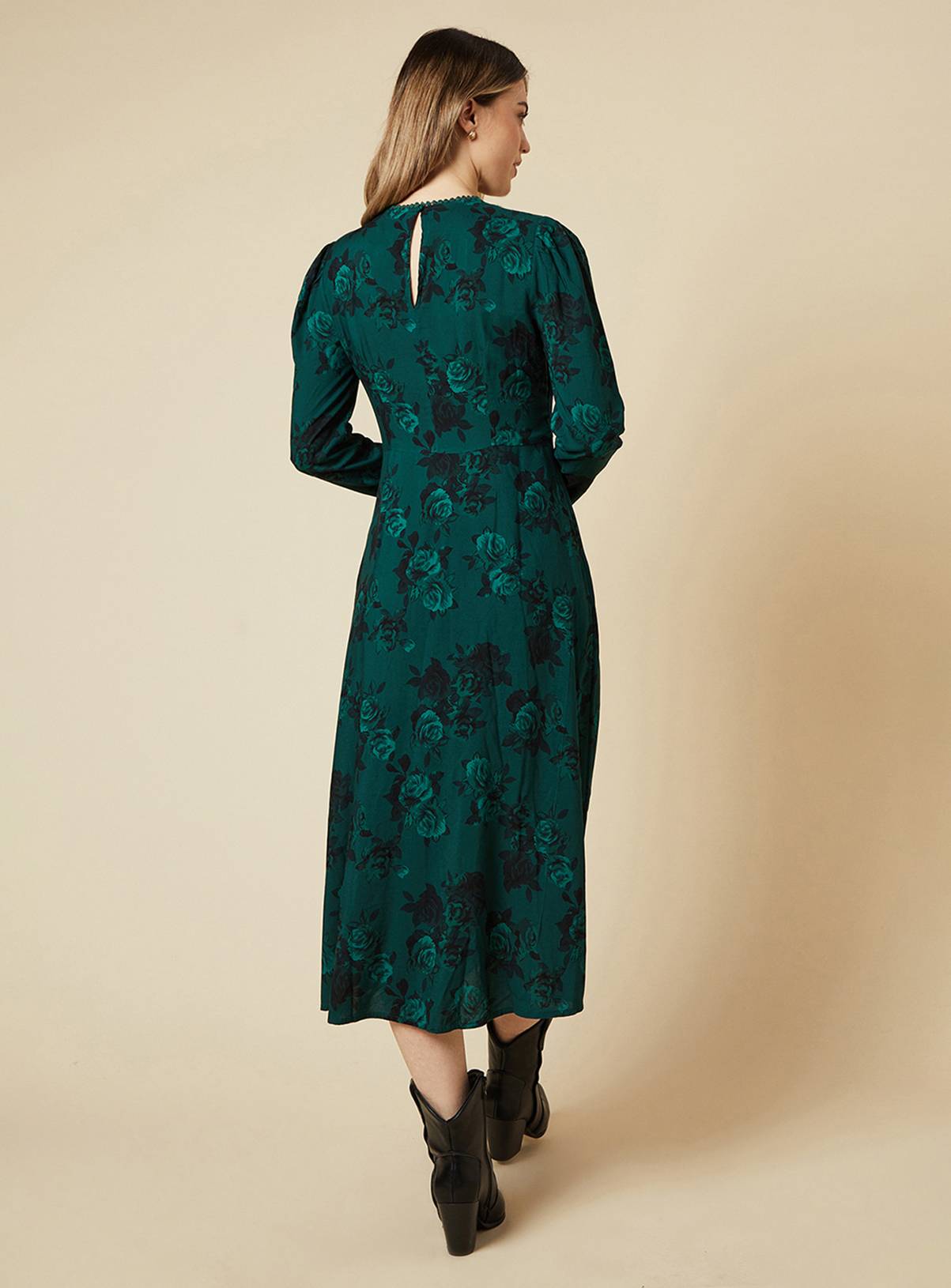DOROTHY PERKINS Green Floral Lace Trim Body Long Sleeve Midi Dress 14 - Image 3