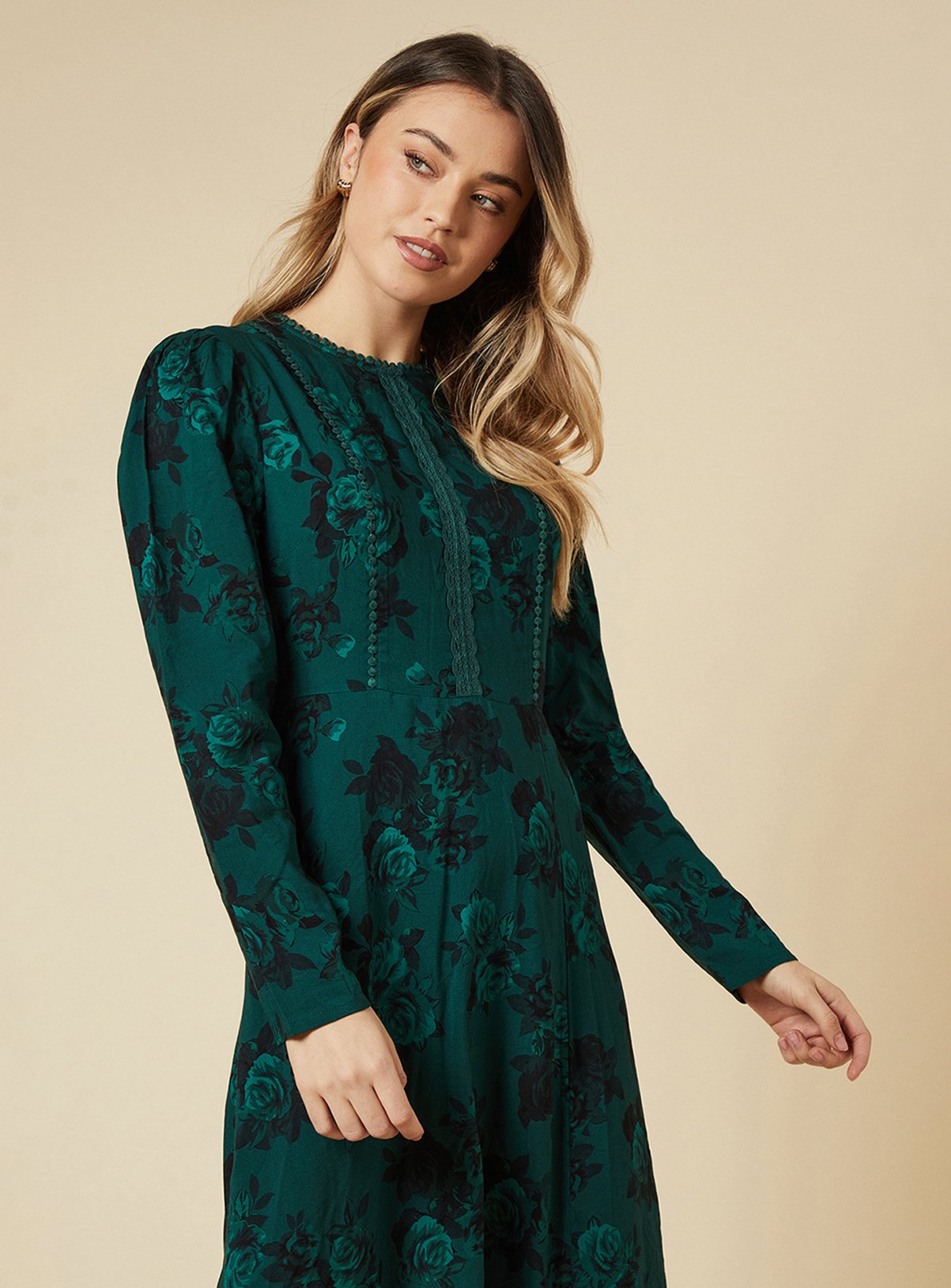 DOROTHY PERKINS Green Floral Lace Trim Body Long Sleeve Midi Dress 14 - Image 4 thumbnail