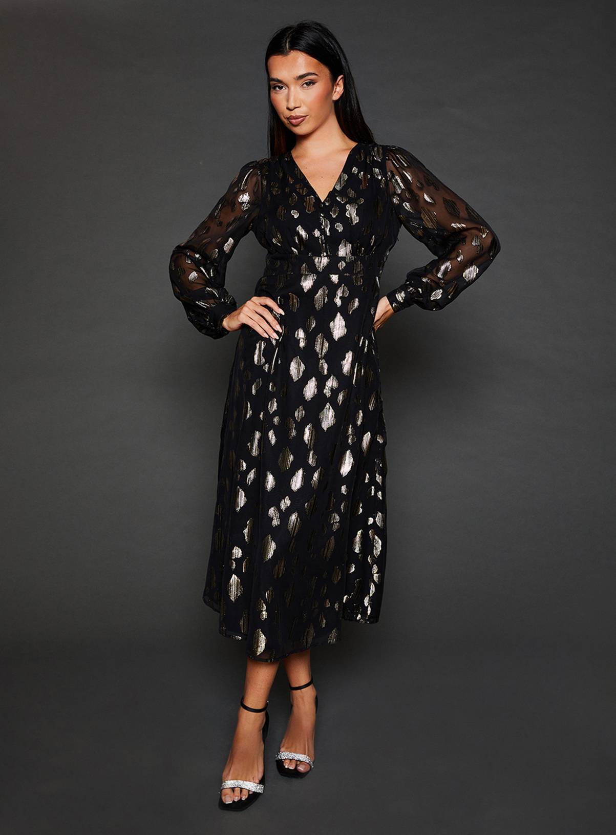 DOROTHY PERKINS Jacquard Button Front Long Sleeve Midi Dress 16 - Image 1