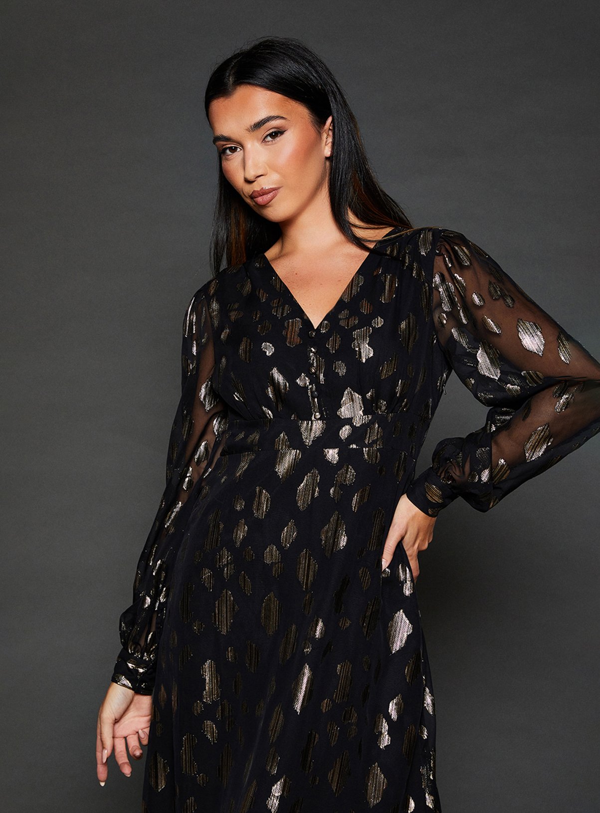DOROTHY PERKINS Jacquard Button Front Long Sleeve Midi Dress 16 - Image 4 thumbnail