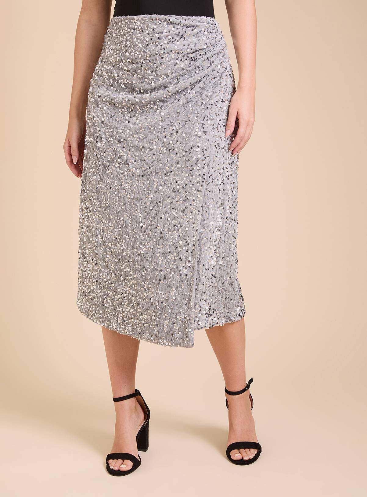 DOROTHY PERKINS Velvet Sequin Ruched Side Midi Skirt 8 - Image 1