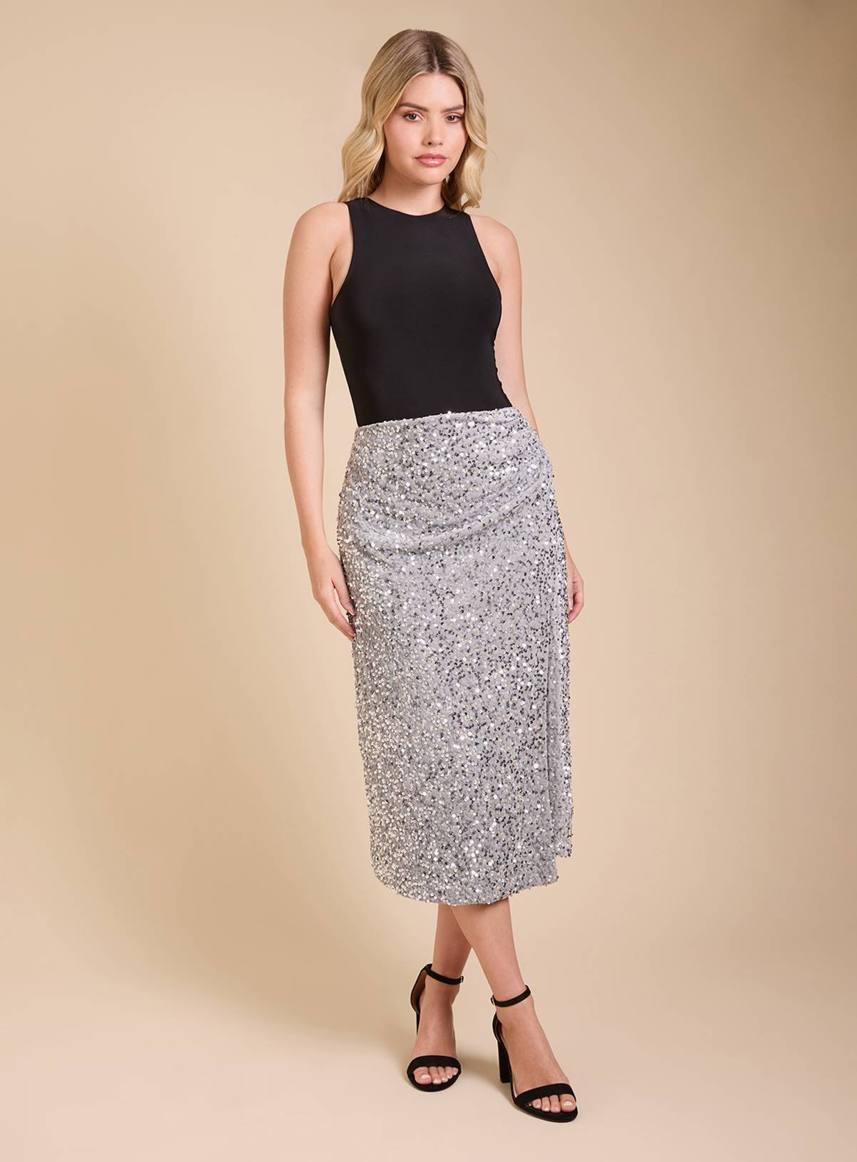 DOROTHY PERKINS Velvet Sequin Ruched Side Midi Skirt 8 - Image 2