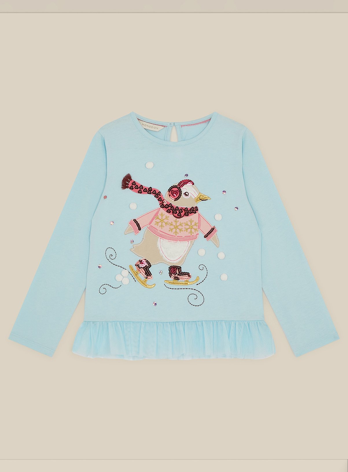 MONSOON Penguin Frill Long Sleeve Top 9-10 years - Image 1 thumbnail