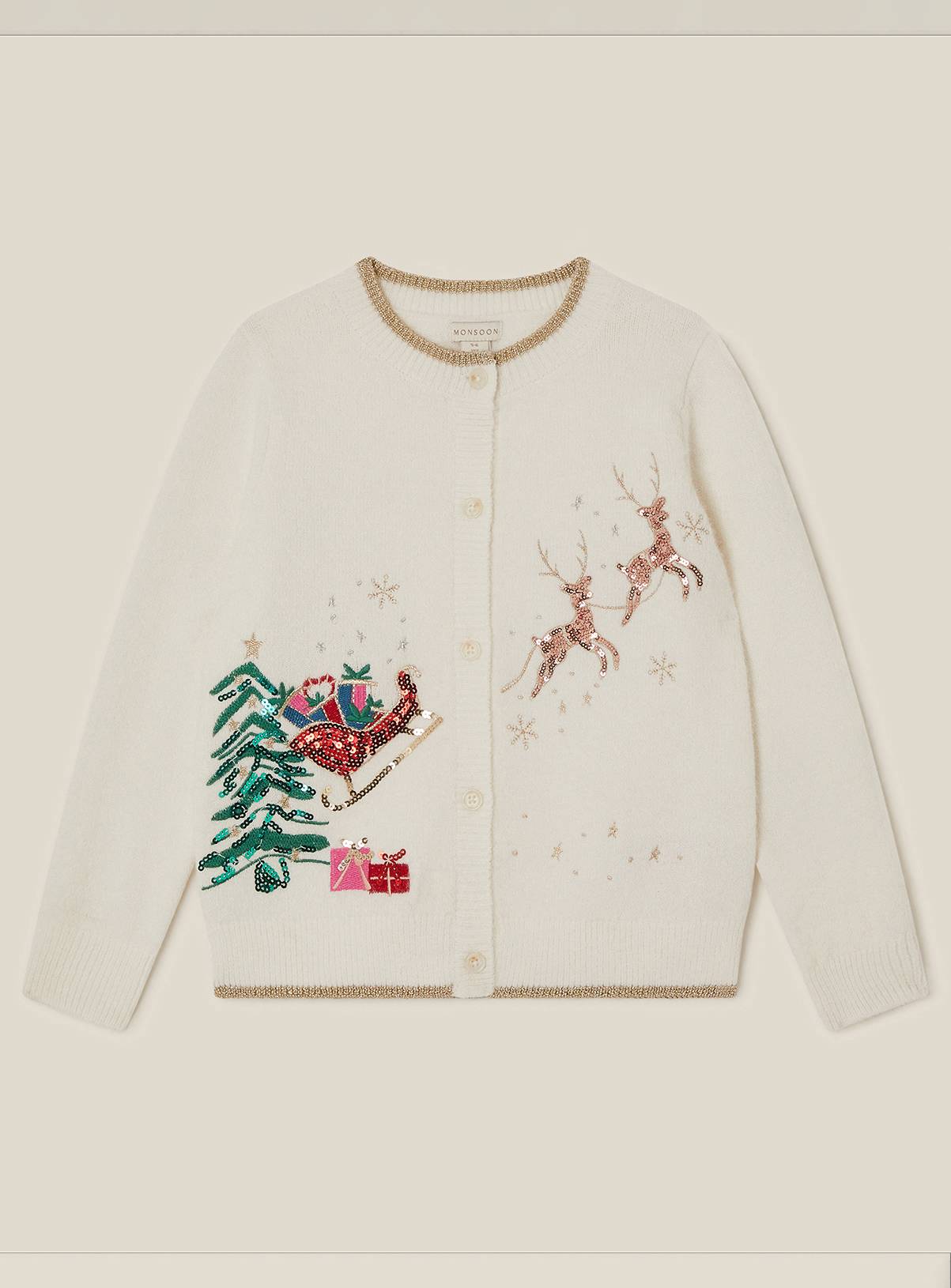 MONSOON Sequin Christmas Scene Cardigan 3-4 Years - Image 1