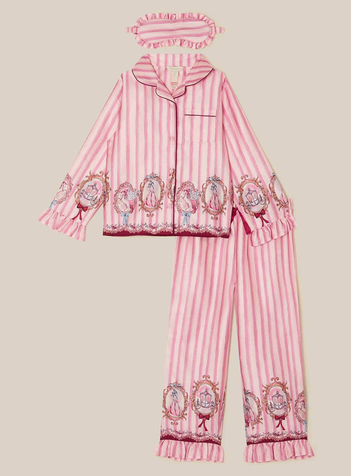 MONSOON Fairytale Stripe Satin Pyjamas & Sleep Mask Set 9-10 years - Image 1 thumbnail