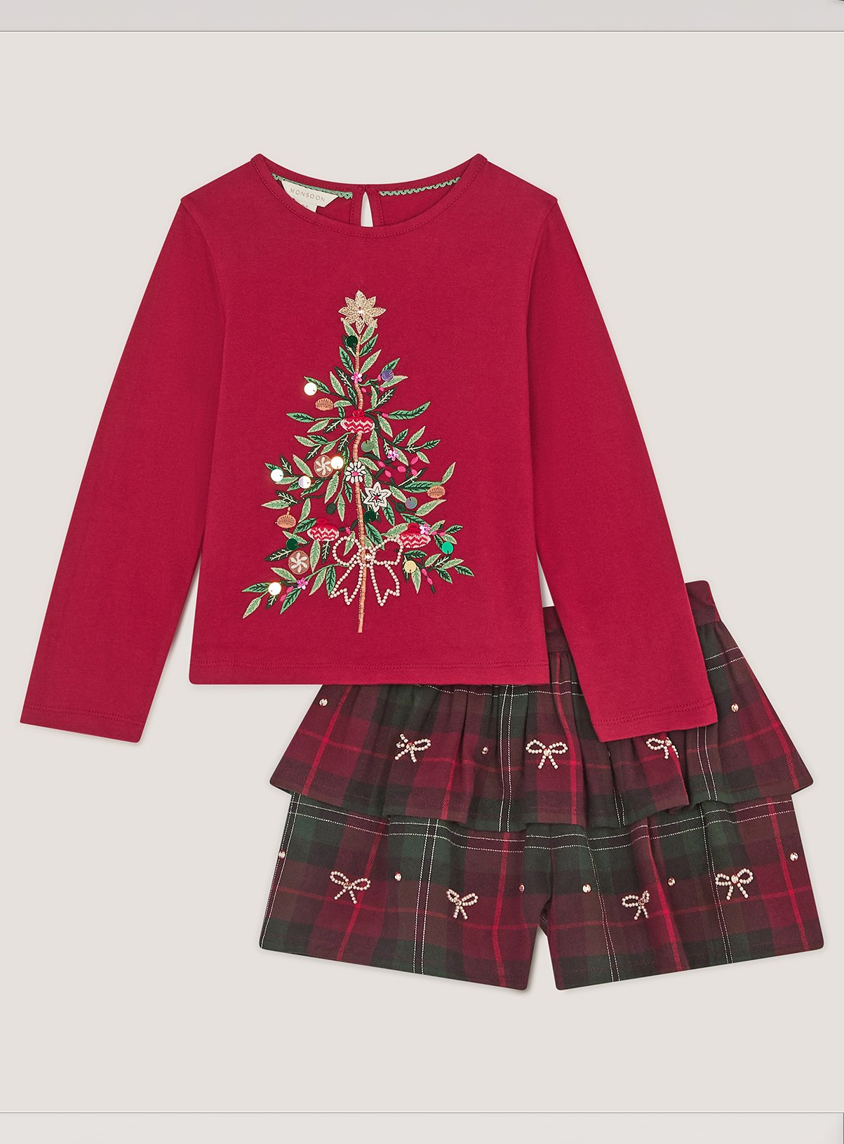 MONSOON Christmas Tree Top & Tartan Skort Set 9-10 years - Image 2 thumbnail