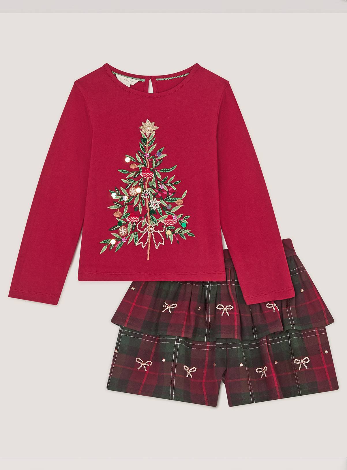 MONSOON Christmas Tree Top & Tartan Skort Set 9-10 years - Image 2