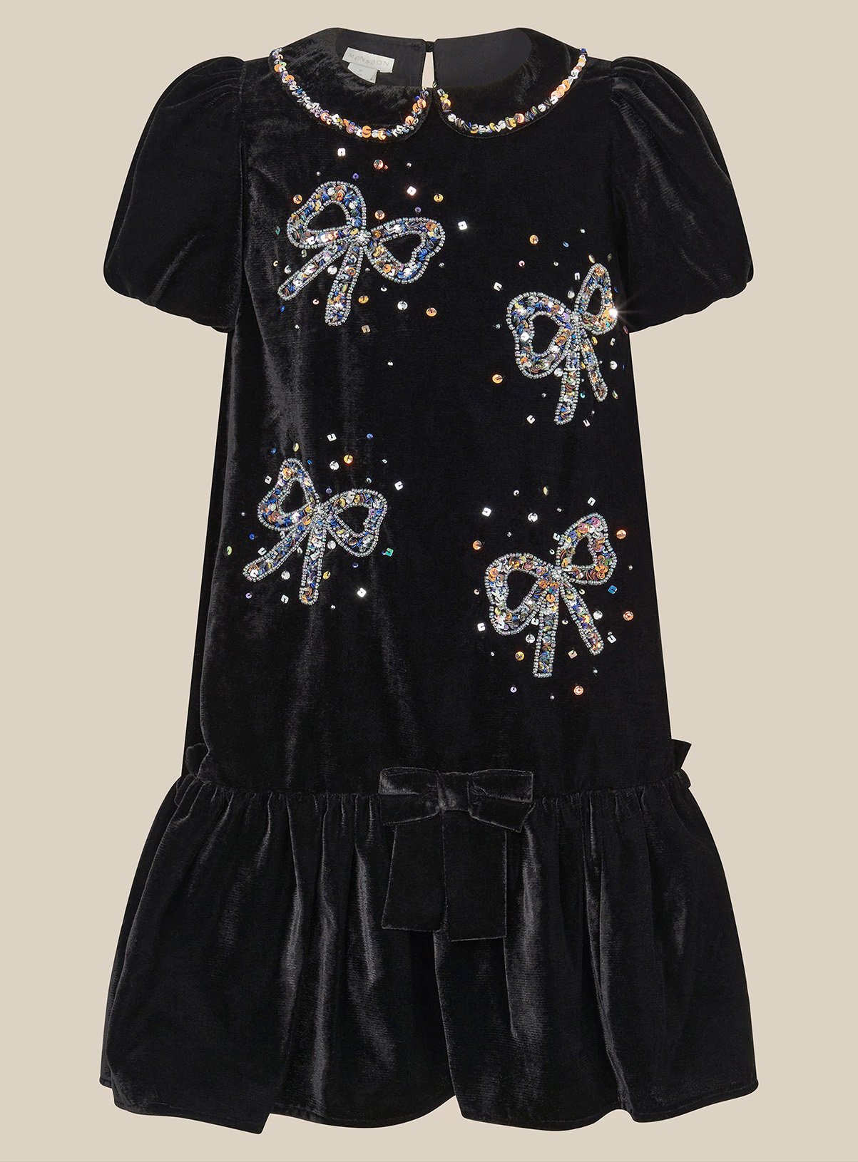 MONSOON Mara Sequin Bow Velvet Swing Dress 4 years - Image 1 thumbnail