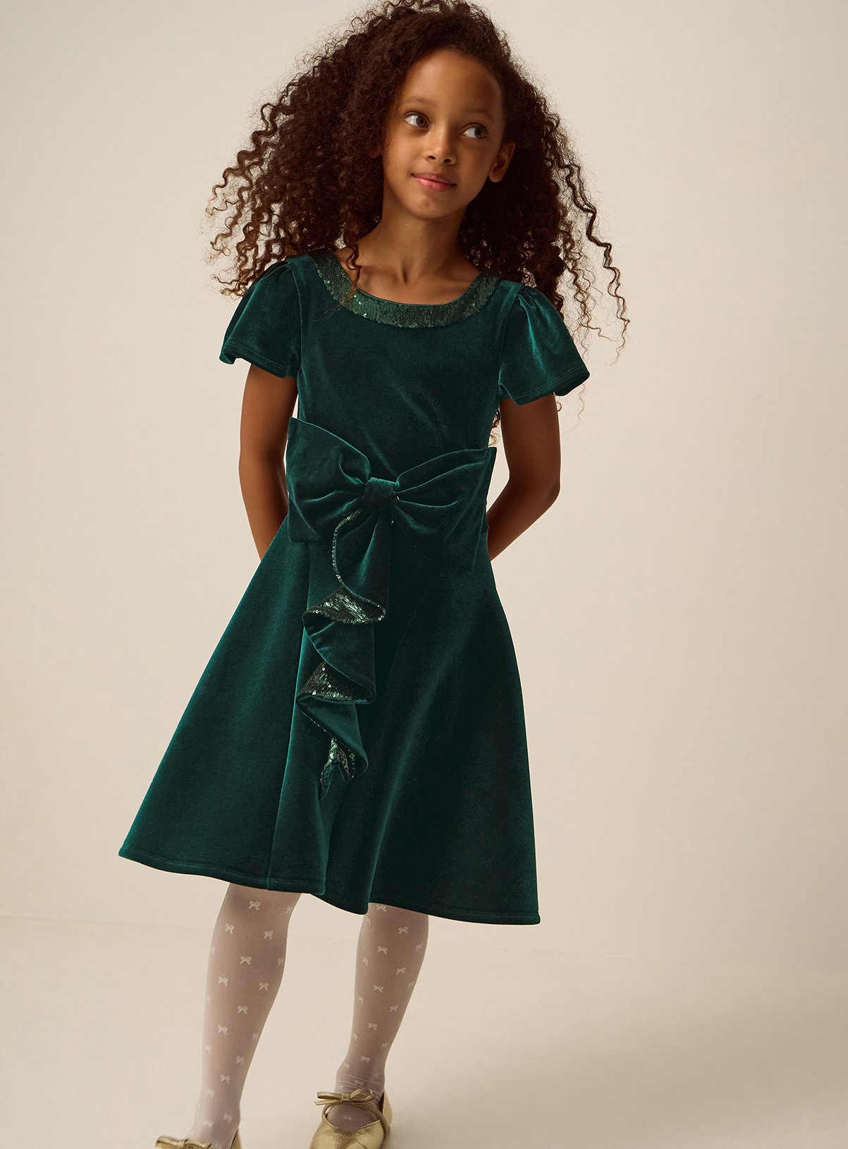 MONSOON Genevieve Sequin Bow Velvet Party Dress 3 years - Image 1 thumbnail