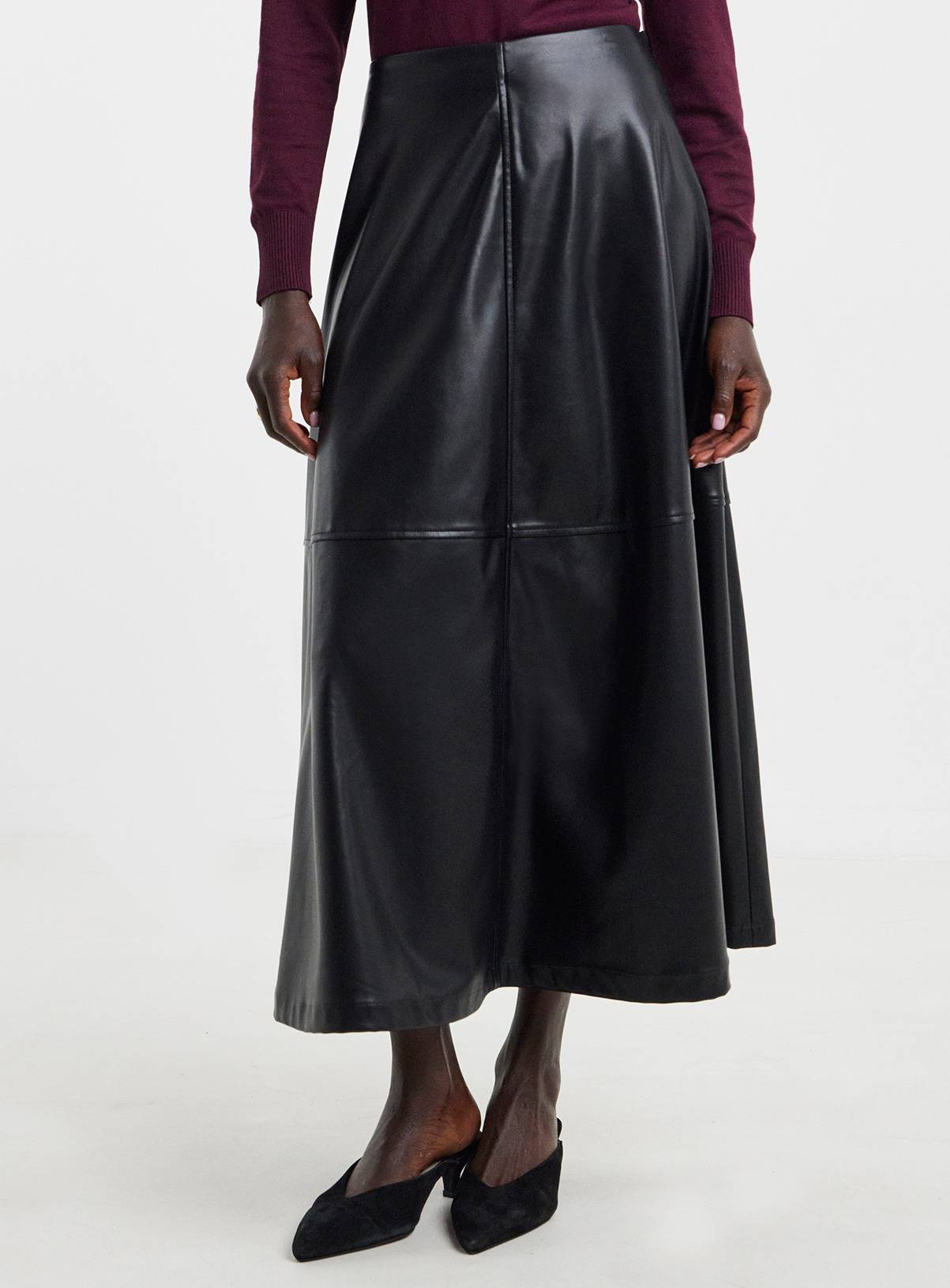 JD WILLIAMS Black PU Seam Detail Circle Skirt 14 - Image 1