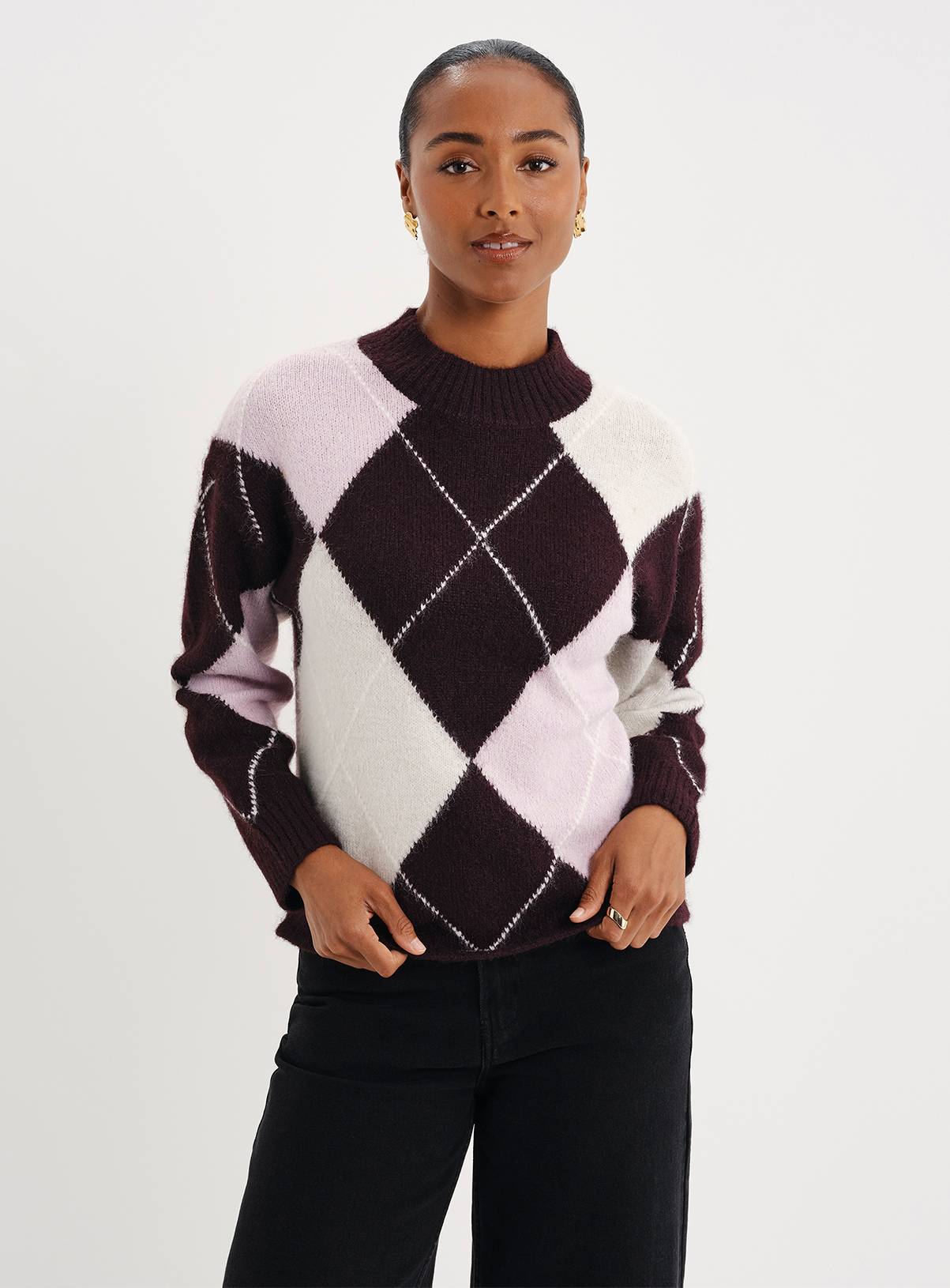 FINERY Veda Argyle High Neck Jumper With Wool 8 - Image 1