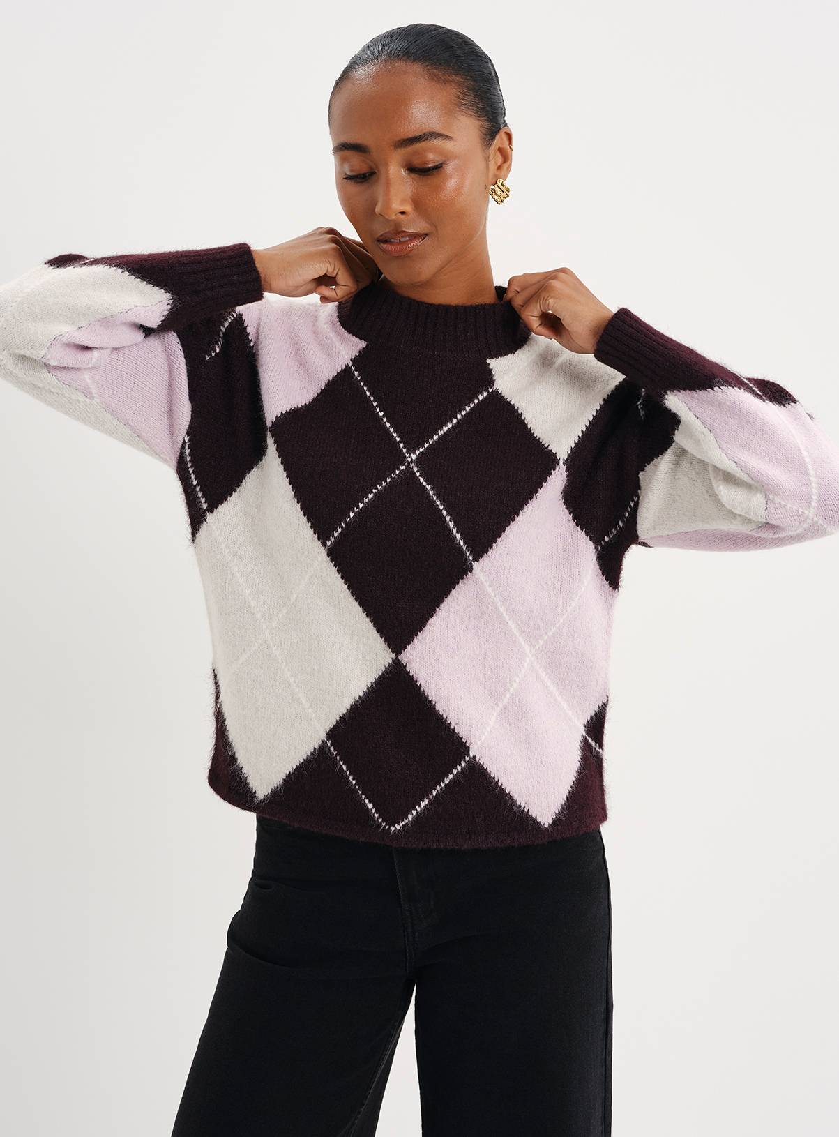 FINERY Veda Argyle High Neck Jumper With Wool 8 - Image 2