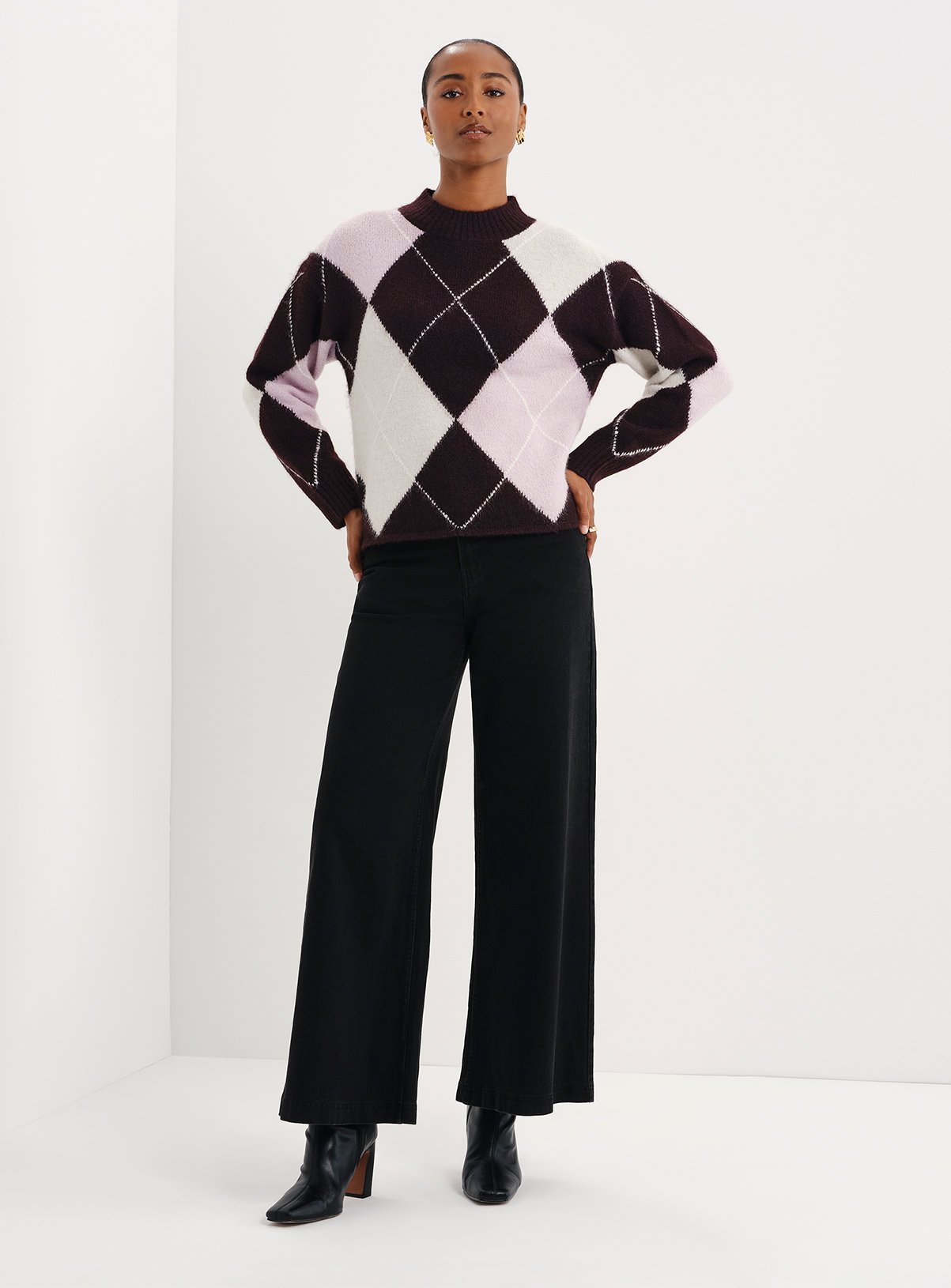 FINERY Veda Argyle High Neck Jumper With Wool 8 - Image 4 thumbnail