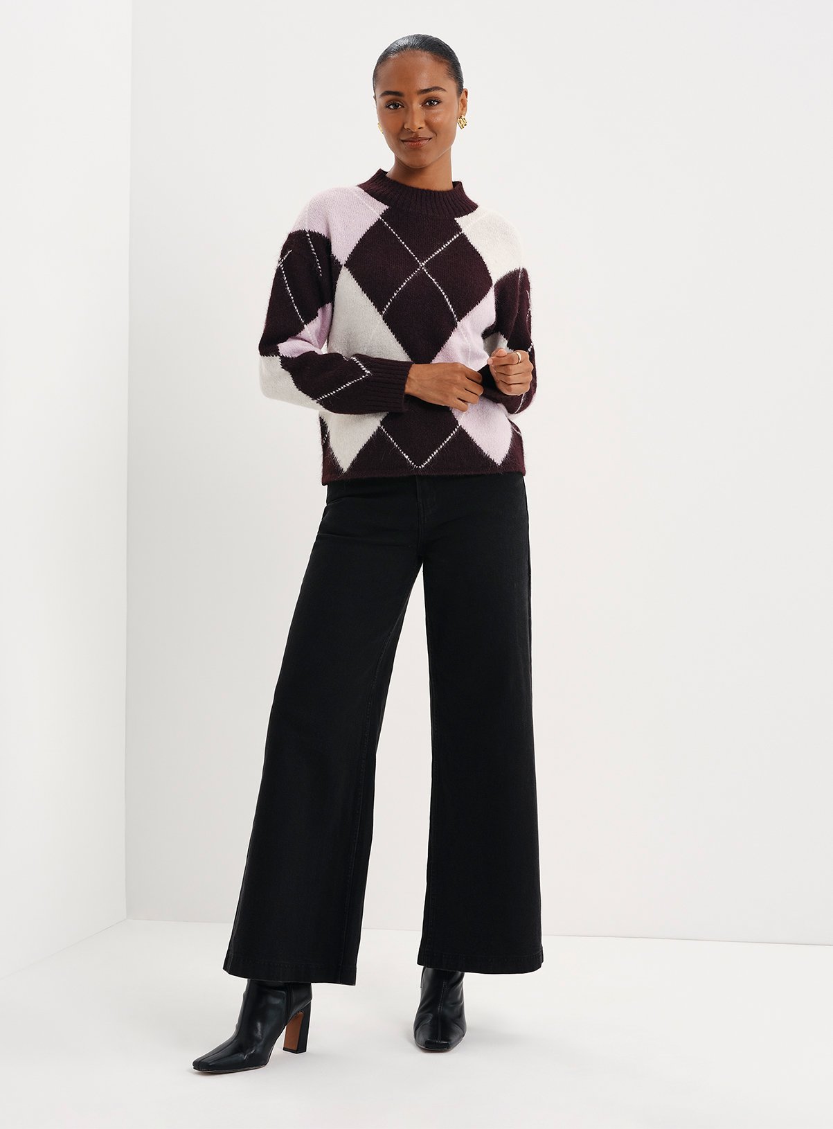 FINERY Veda Argyle High Neck Jumper With Wool 8 - Image 5 thumbnail