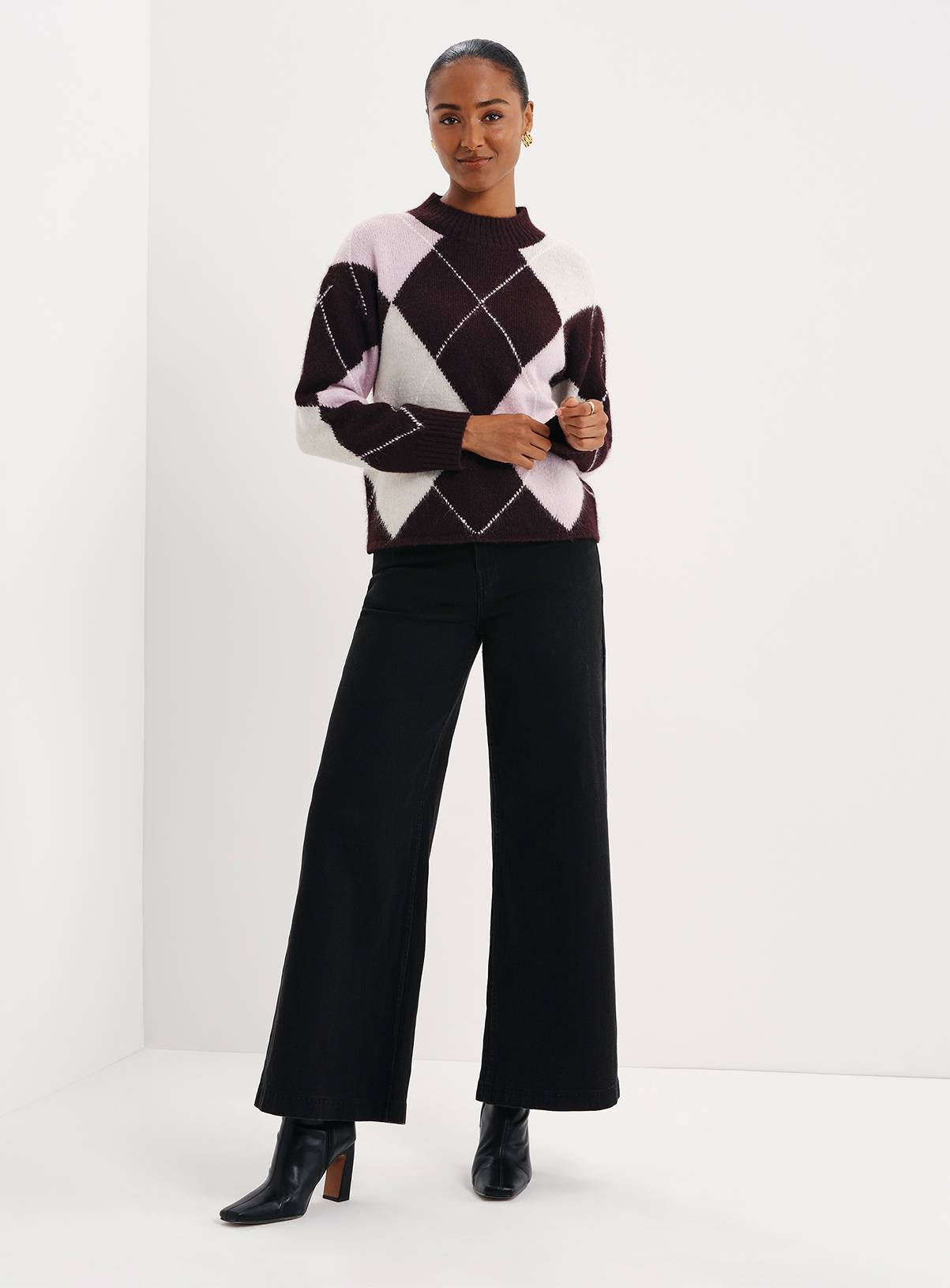 FINERY Veda Argyle High Neck Jumper With Wool 8 - Image 5