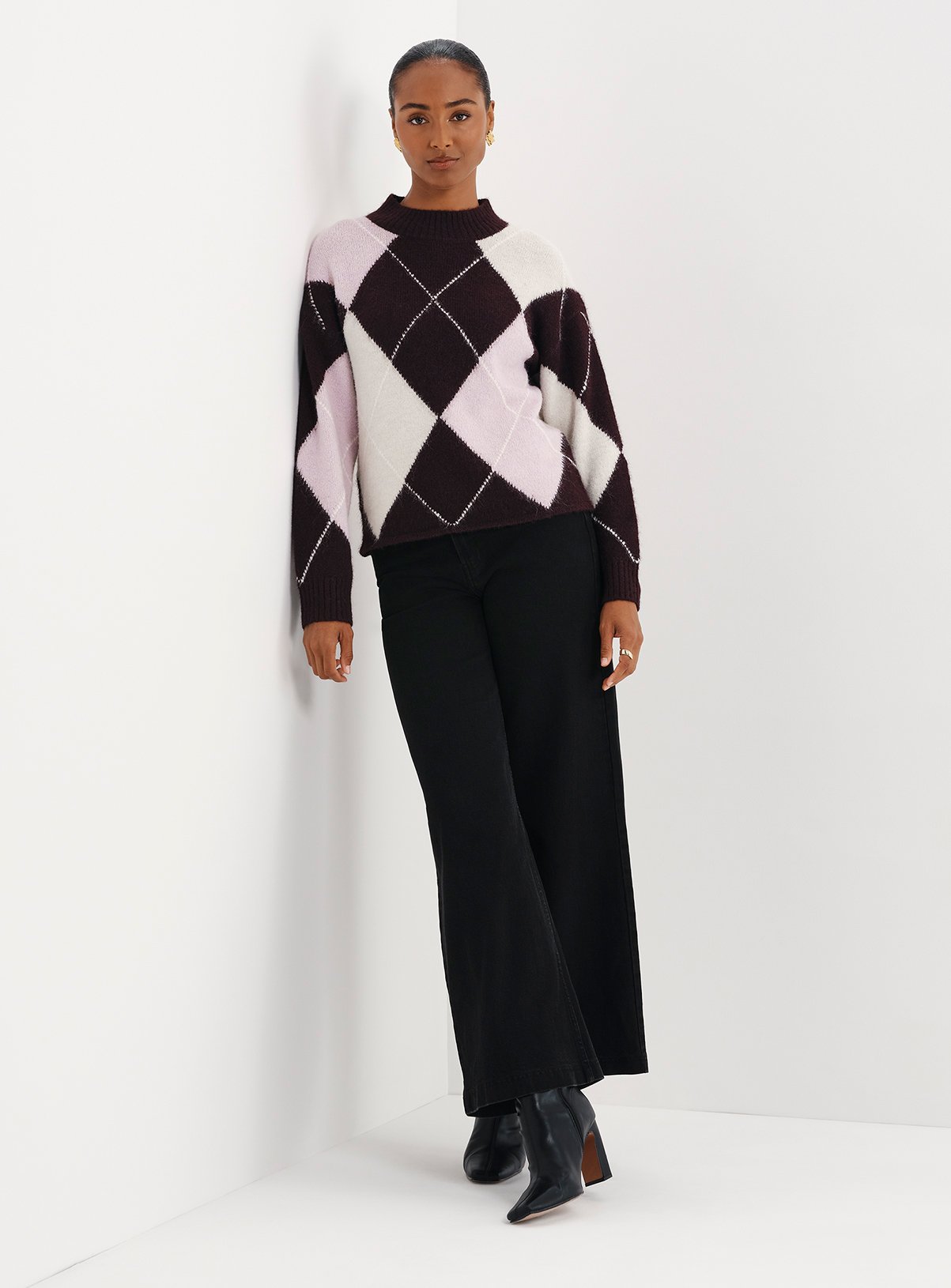 FINERY Veda Argyle High Neck Jumper With Wool 8 - Image 6 thumbnail
