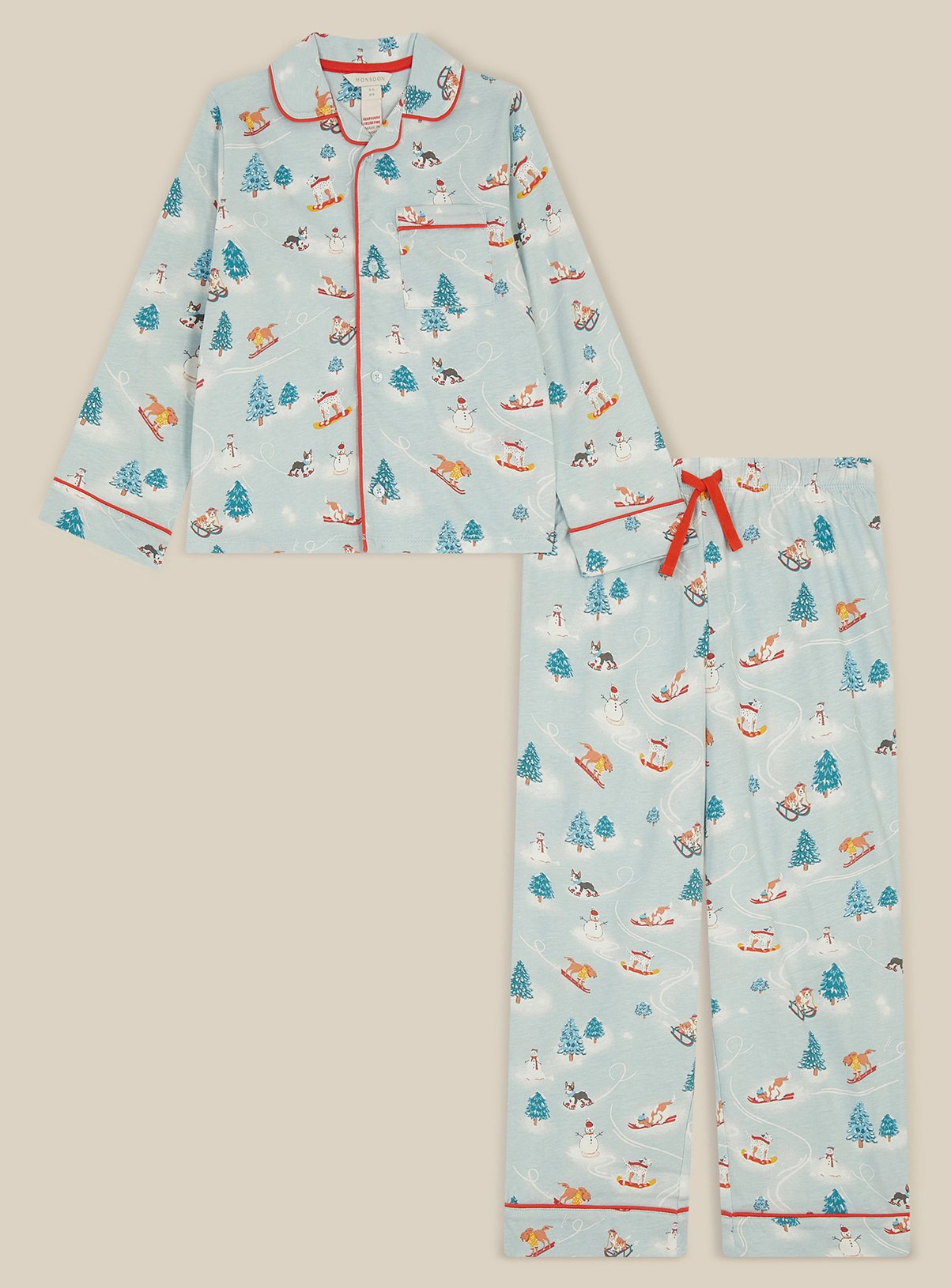 MONSOON Christmas Skiing Dog Long Pyjamas Set 12-18 Months - Image 2 thumbnail