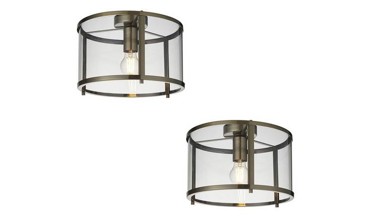 Loops Direct Set of 2 Steel and Glass Semi Flush Light - Antique Brass
